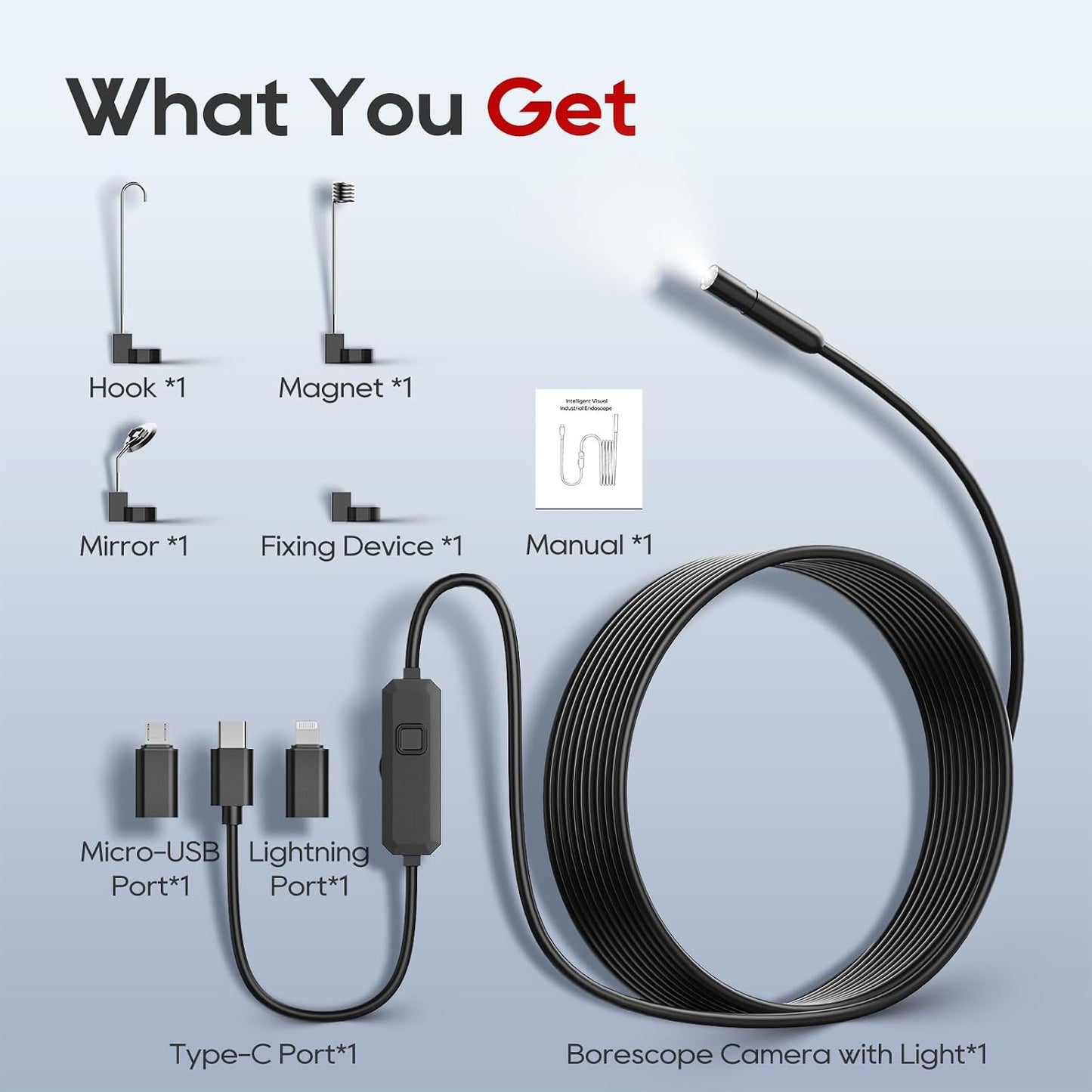 TOPDC Endoscope Camera with Light, 1920P Borescope for iOS and Android | 7.9mm IP67 probe with 8 adjustable LEDs and 16.4FT semi-rigid cable for automotive, pipe, wall and wiring inspections