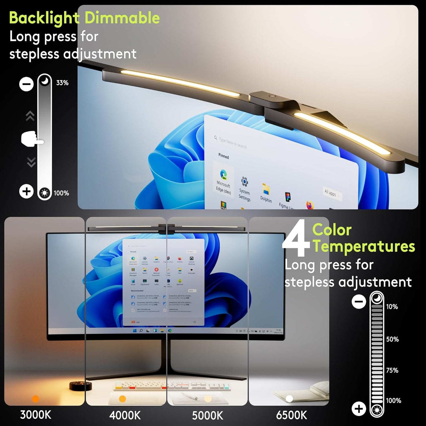 Quntis Curved Monitor Light Bar with Soft Backlight, Dual Curve-Matching Pivoting Arms for 1000R–3000R 34" Ultrawide Screens, 1400 Lux CRI 98 Eye Care Desk Light, Auto-Dimming & Remote for Home Office