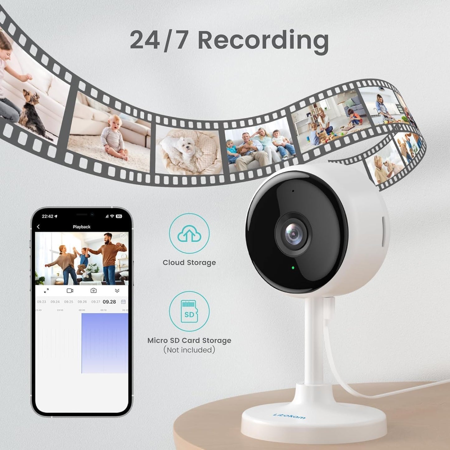 litokam Indoor Cameras for Home Security with Night Vision, Pet Camera with Phone App, WiFi Home Security Camara, Baby Monitor Work with Alexa, Motion Detection, 2 Pack, 2K