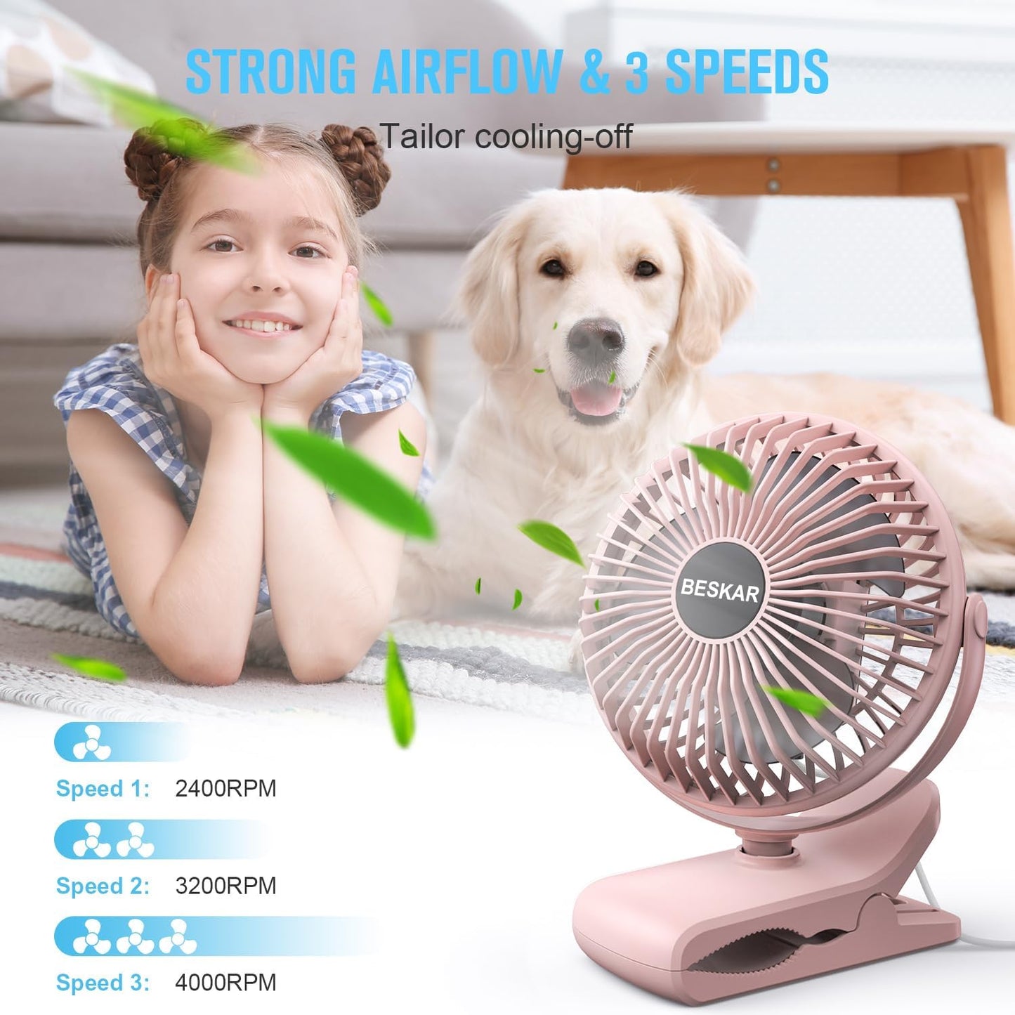 BESKAR USB Clip on Fan, Portable Small Desk Fan with Cord Powered | 3 Speeds Strong Airflow, Sturdy Clamp, Ultra Quiet Personal Cooling Fan for Office Dorm Bedroom Stroller