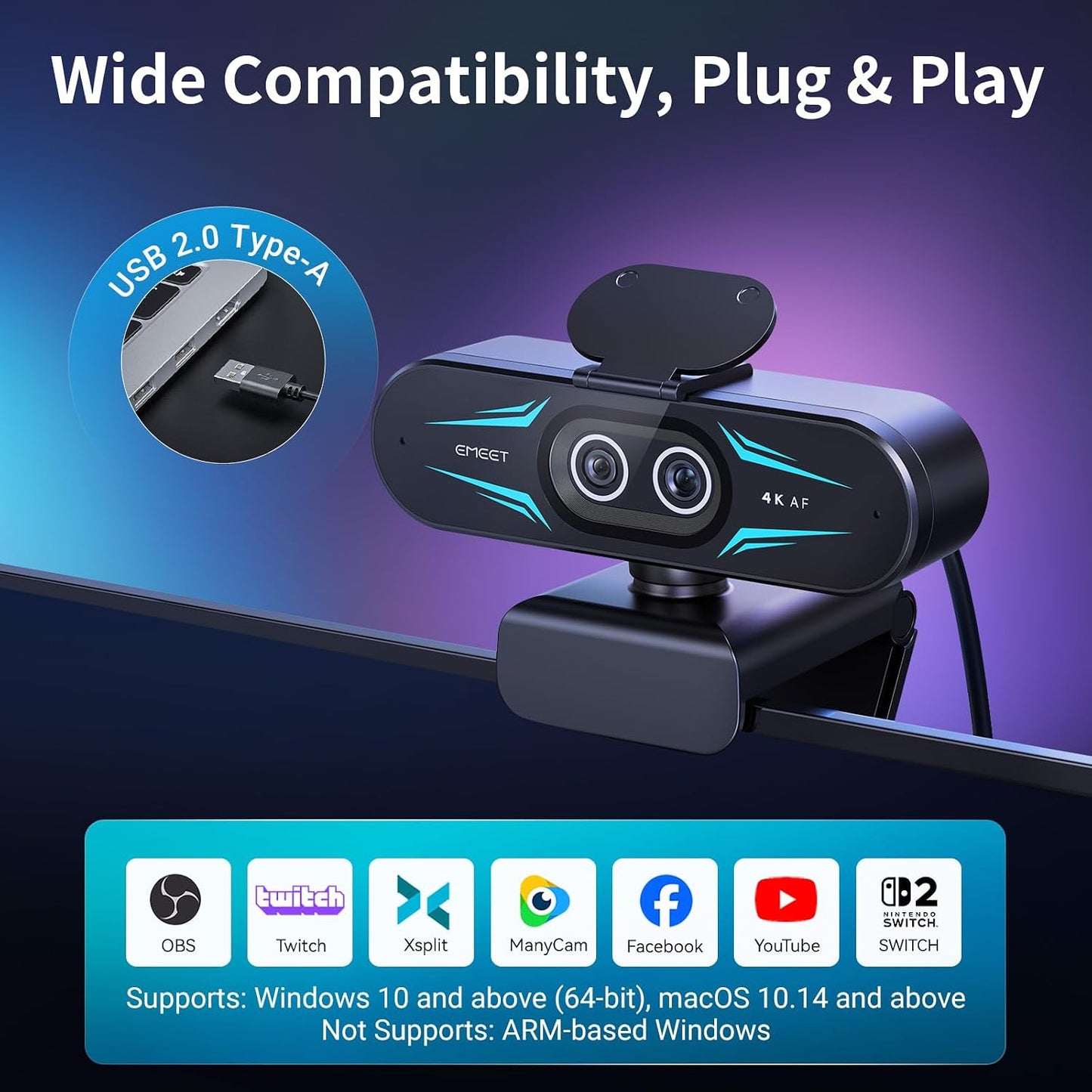 EMEET C60E Dual-Camera 4K Webcam for Streaming, Wide-Angle & Telephoto | Max 11X Hybrid Zoom & PDAF Autofocus, Remote Control, RGB Lighting, 2 Mics, Ideal for Livestreaming and Online Meeting