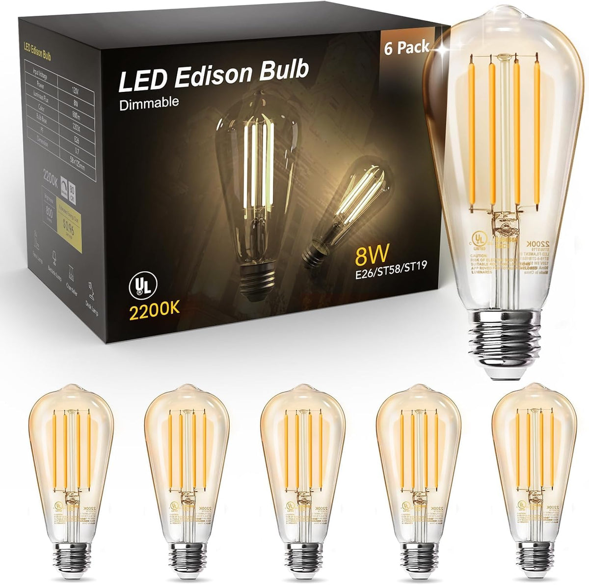 TJOY LED Edison Light Bulbs, E26 Dimmable Vintage Bulb, 8W = 60W Equivalent