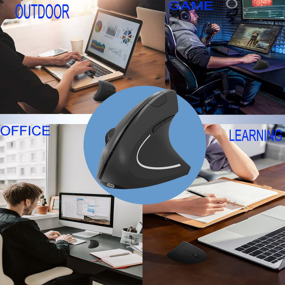 Vassink Ergonomic Mouse, Rechargeable Wireless Mouse,2.4GHz Rechargeable Wireless Vertical Optical Mice with USB Receiver, 6Buttons, 800/1200/1600 DPI, for Laptop, PC, Computer