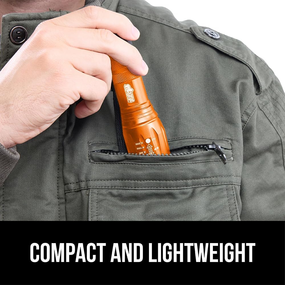 GORILLA GRIP Powerful LED Handheld Tactical Flashlight, 750 FT High Lumens 5 Adjustable Modes, Water Resistant, Ultra Bright Zoom Flashlights, Small Mini, Camping, Night Dog Walking, Orange