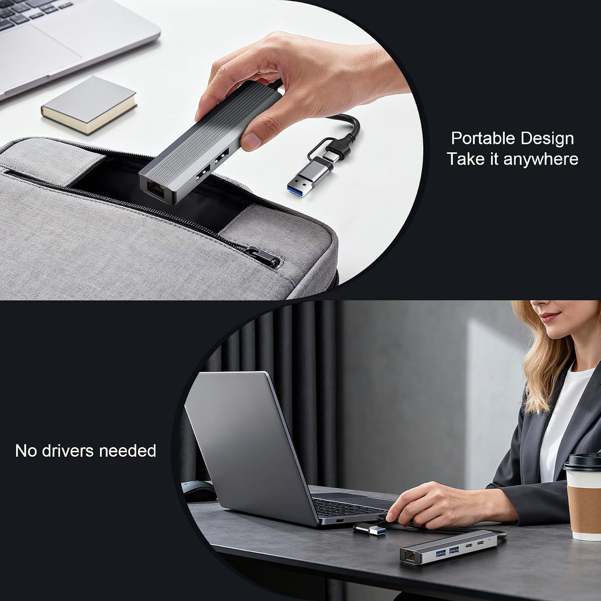 USB C/USB Hub with Ethernet, 5-in-2 Multiport Adapter for Laptop iPad