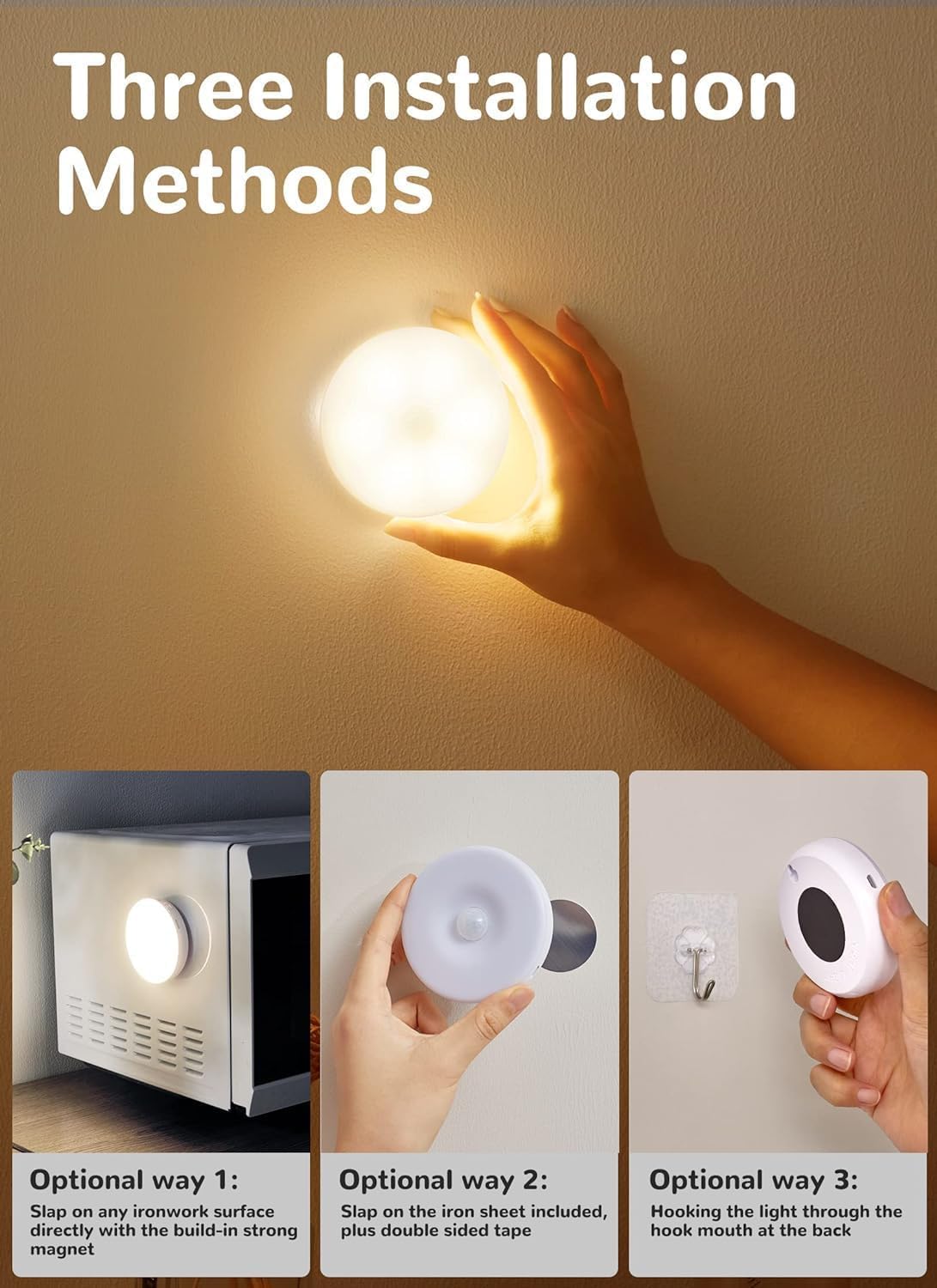 Homelist 3 Pack Motion Sensor Lights Indoor, Rechargeable Wireless LED Puck Lights, Battery Operated Motion Sensor Night Light for Closet, Stairs, Kitchen, Cabinet, Toilet