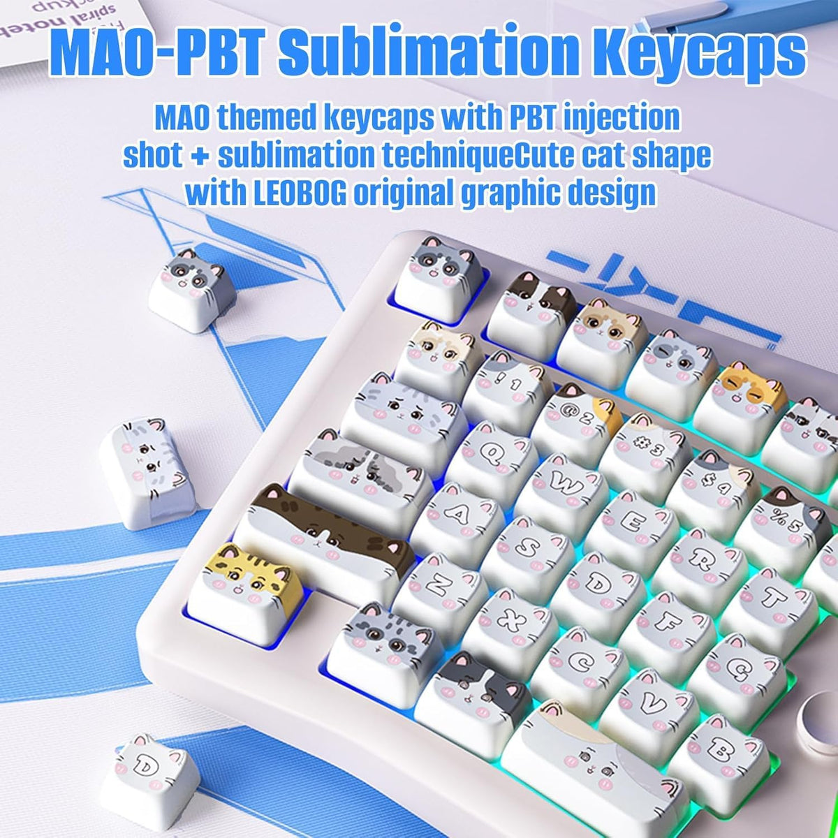LEOBOG A75 Alice Keyboard, 75% Hot-Swappable Mechanical Keyboard with Knob & Cat Keycaps, 2.4G/USB-C/BT5.0 Cute Gaming Keyboard for PC/Mac/Win/Andriod, Barbie Switch - White