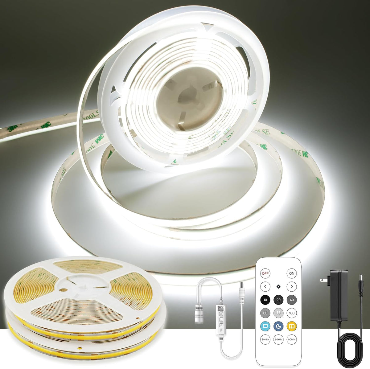 AXMOTUT COB LED Strip Light Warm White, High Bright LED Strips with 2400LEDs, RF Remote and UL Power Supply, 3000K Dimmable LED Lights for Bedroom, Kitchen, DIY Home Decoration