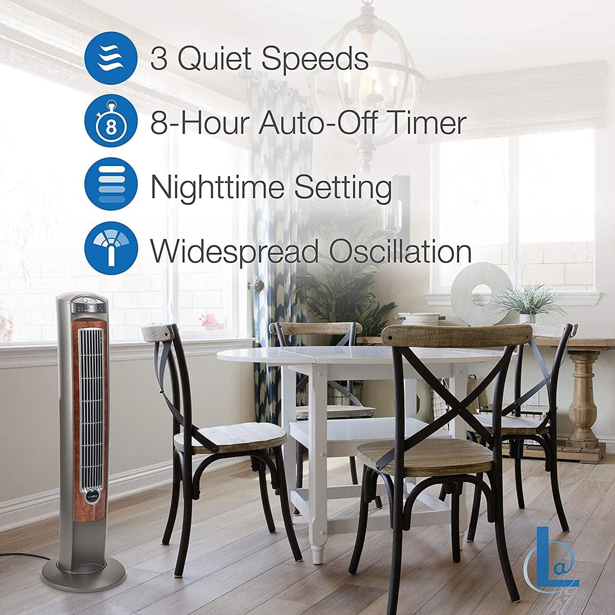 Lasko Oscillating Tower Fan with Remote - Quiet Standing Fan for Bedroom, Office, and Home - 3 Speeds - Powerful Cooling Air - T42954 - 42" Tall – Gray/Woodgrain