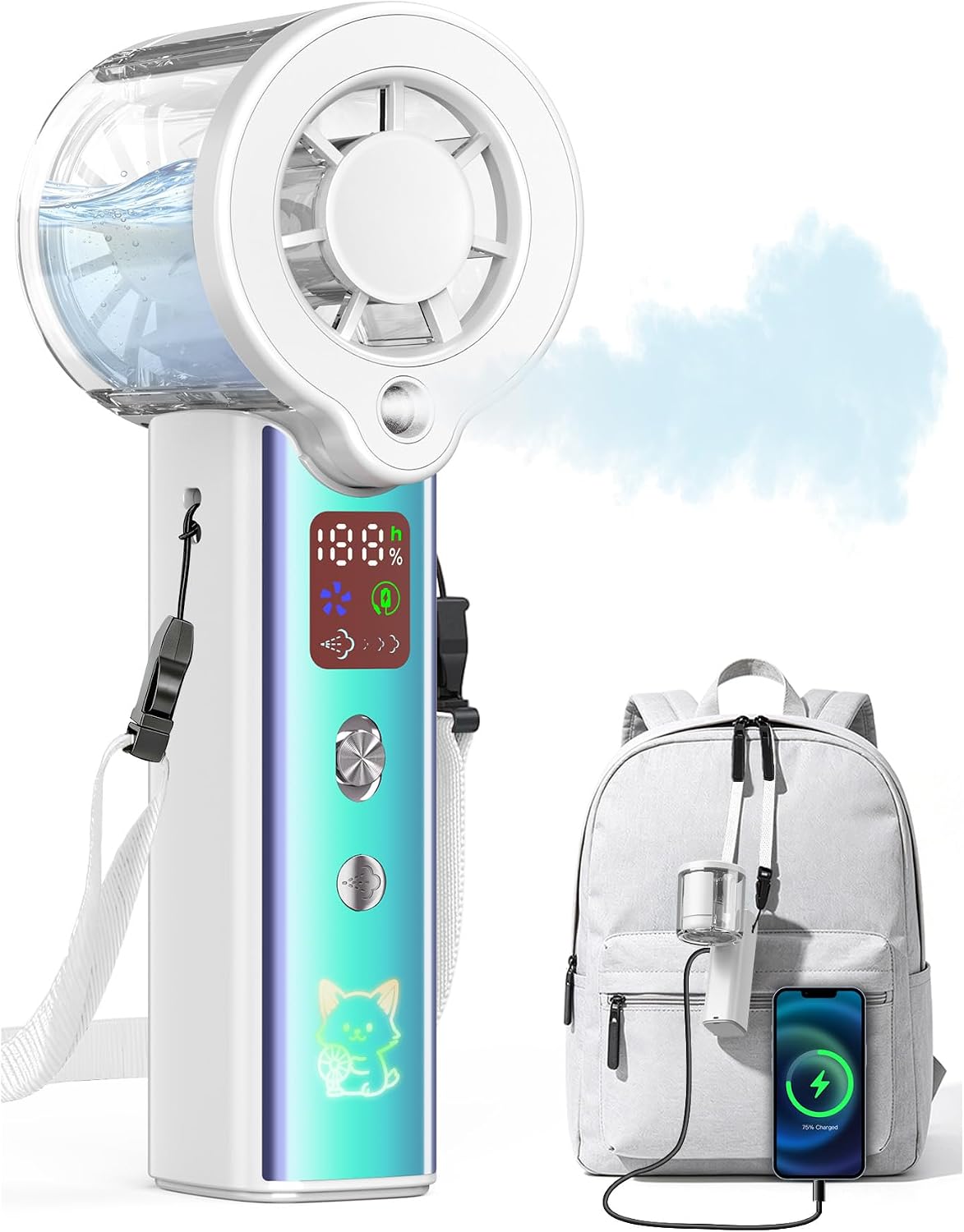 Portable Misting Fan with Mist, 3-in-1 Rechargeable Handheld 4000mAh | Adjustable mist mode, 100-speed wind control, LED display, power bank function, 30000RPM, compact & lightweight