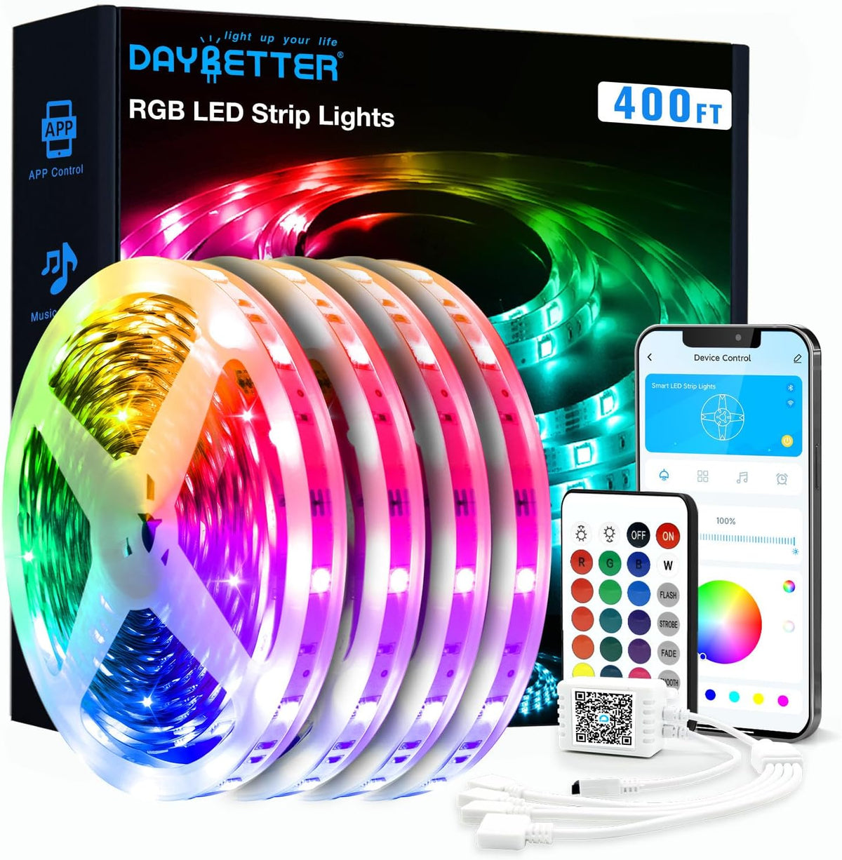 DAYBETTER Led Strip Lights Smart with App Control Remote, 5050 RGB for Bedroom, Music Sync Color Changing for Room Party 50ft