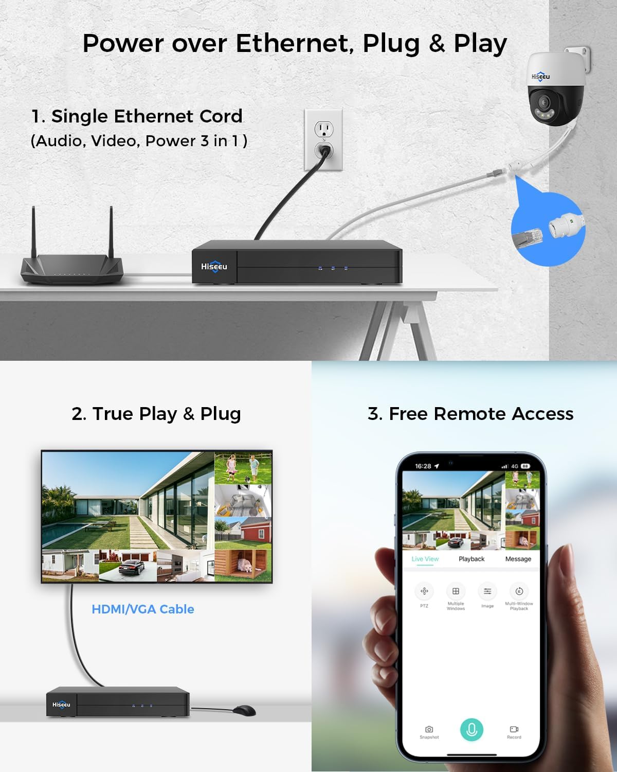 Hiseeu 4K PoE Security Camera System 8pcs PoE PTZ Cameras,360° View