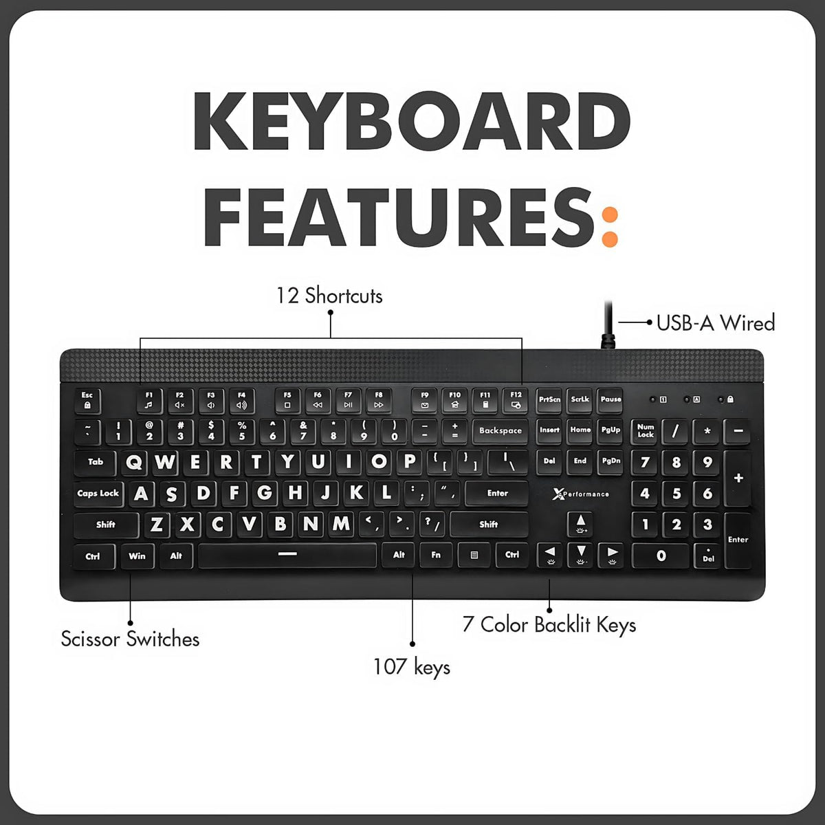 X9 Large Print Backlit Computer Keyboard - Easy to See Big Letters - Lighted USB Wired Keyboard with 7-Colors Backlight LED, Full Size Oversized Light Up Keyboard for Windows, PC, Laptop, Desktop