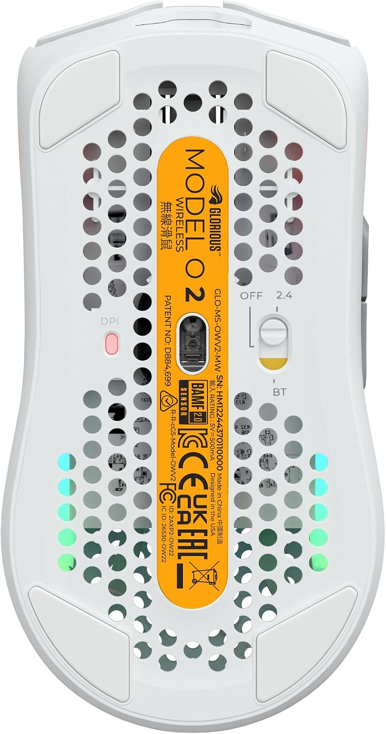 Glorious Gaming Model O 2 Wireless Gaming Mouse - Hybrid 2.4GHz & Bluetooth Wireless, 68g Superlight, Long Battery Life, 26k BAMF 2.0 Sensor, RGB, Ambidextrous, 6 Buttons, PTFE Feet - White