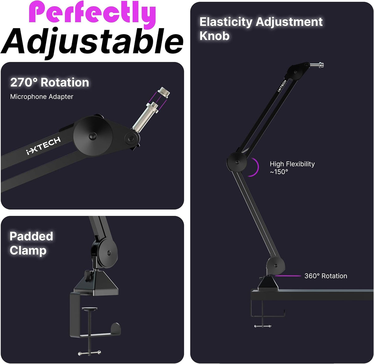 IXTECH Microphone Boom Arm Stand, Heavy Duty Adjustable Mic Stand with Cable Ties, Desk Mount Arm Stand for Gaming Streaming Podcasting.