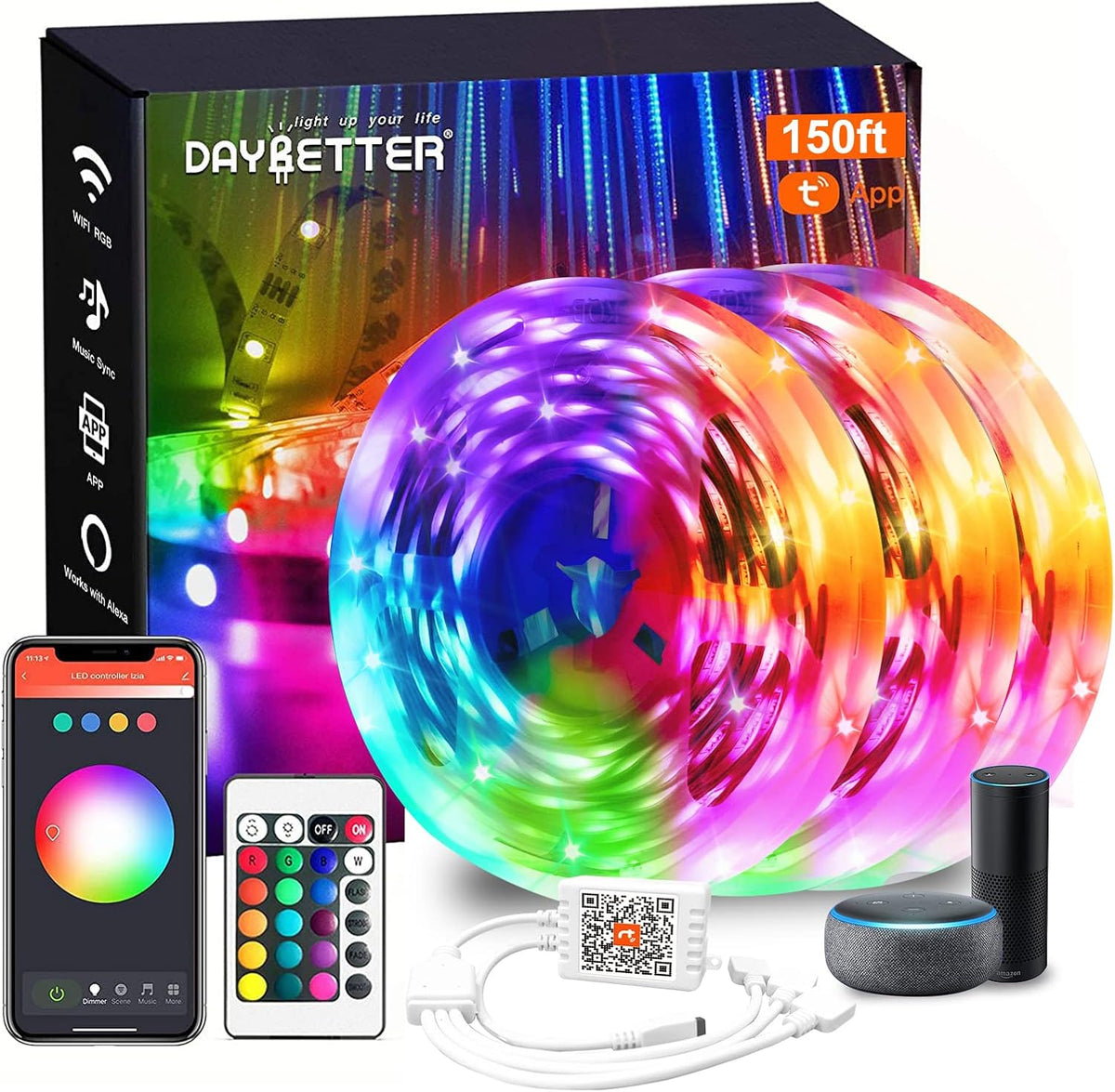 DAYBETTER Smart WiFi Led Lights 100ft, Tuya App Controlled Led Strip Lights, Work with Alexa and Google Assistant, Timer Schedule, Color Changing Led Lights for Bedroom Party Kitchen