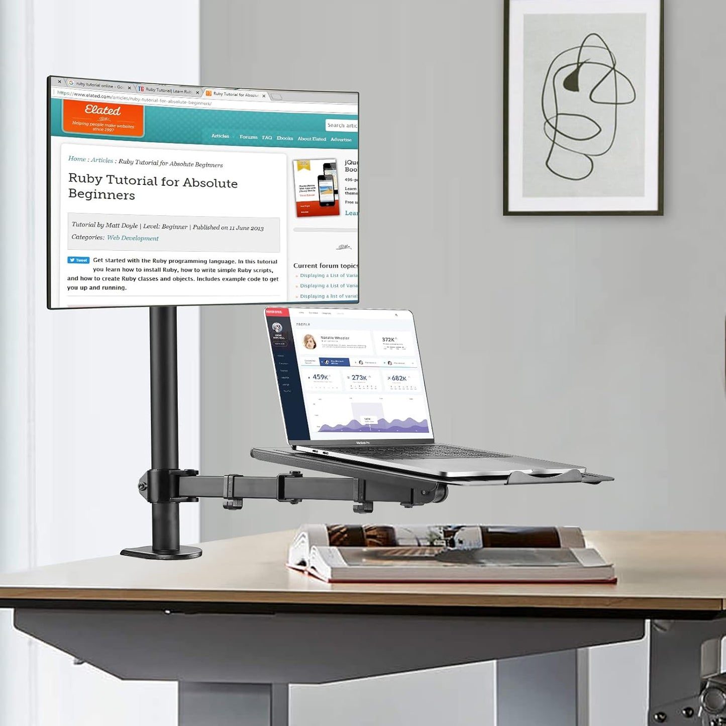 suptek Monitor and Laptop Mount Holds 13-32 inch Computer Screen, Adjustable Monitor Arm Stand with Laptop Tray for 13-27 inch, Hold 22 lbs, with Clamp and Grommet Mounting Base