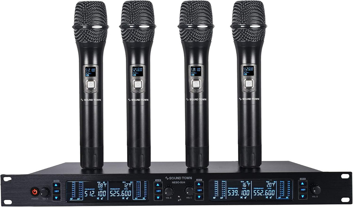 Sound Town 200-Channel Rack Mountable Professional Adjustable UHF Wireless Microphone System with Metal Receiver and 4 Handheld Mics (NESO-U4HH)