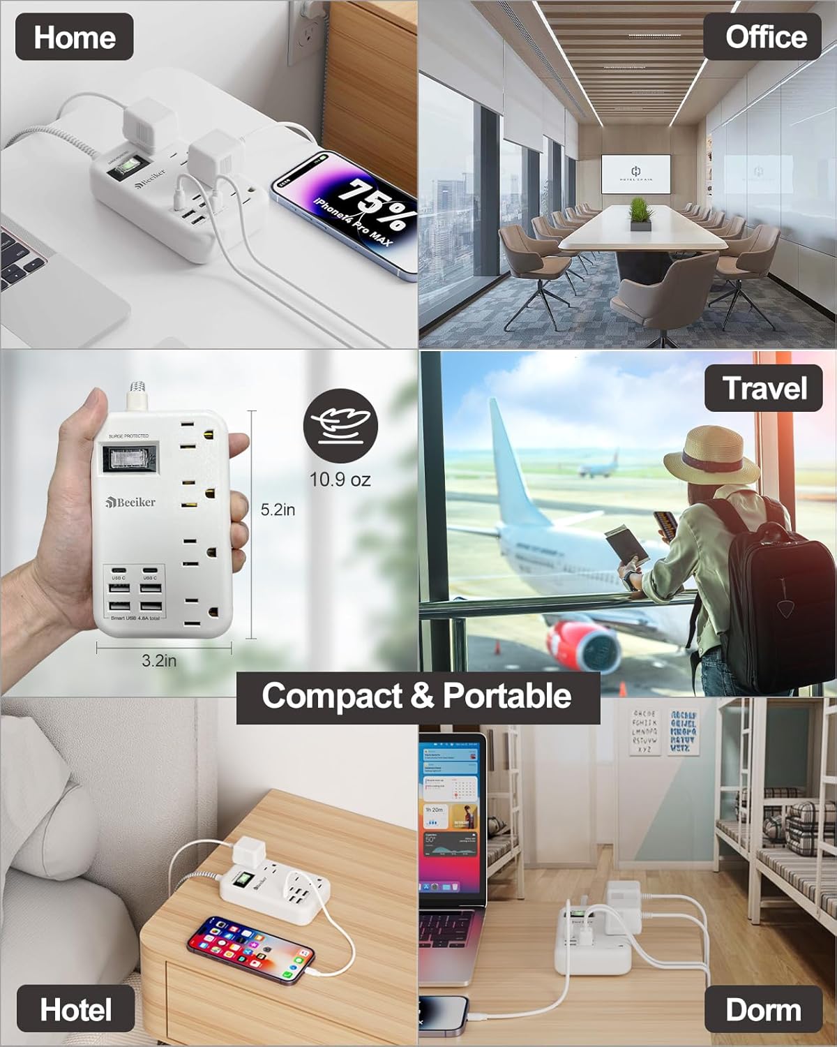 6 USB Travel Power Strip,4 Outlets,5Ft Extension Cord,Surge Protector,13A | 2 USB C,6 USB Charging Station,5Ft Braided Extension Cord,Surge Protector,Switch,Wall Mount,Flat Plug,For Travel Office Dorm