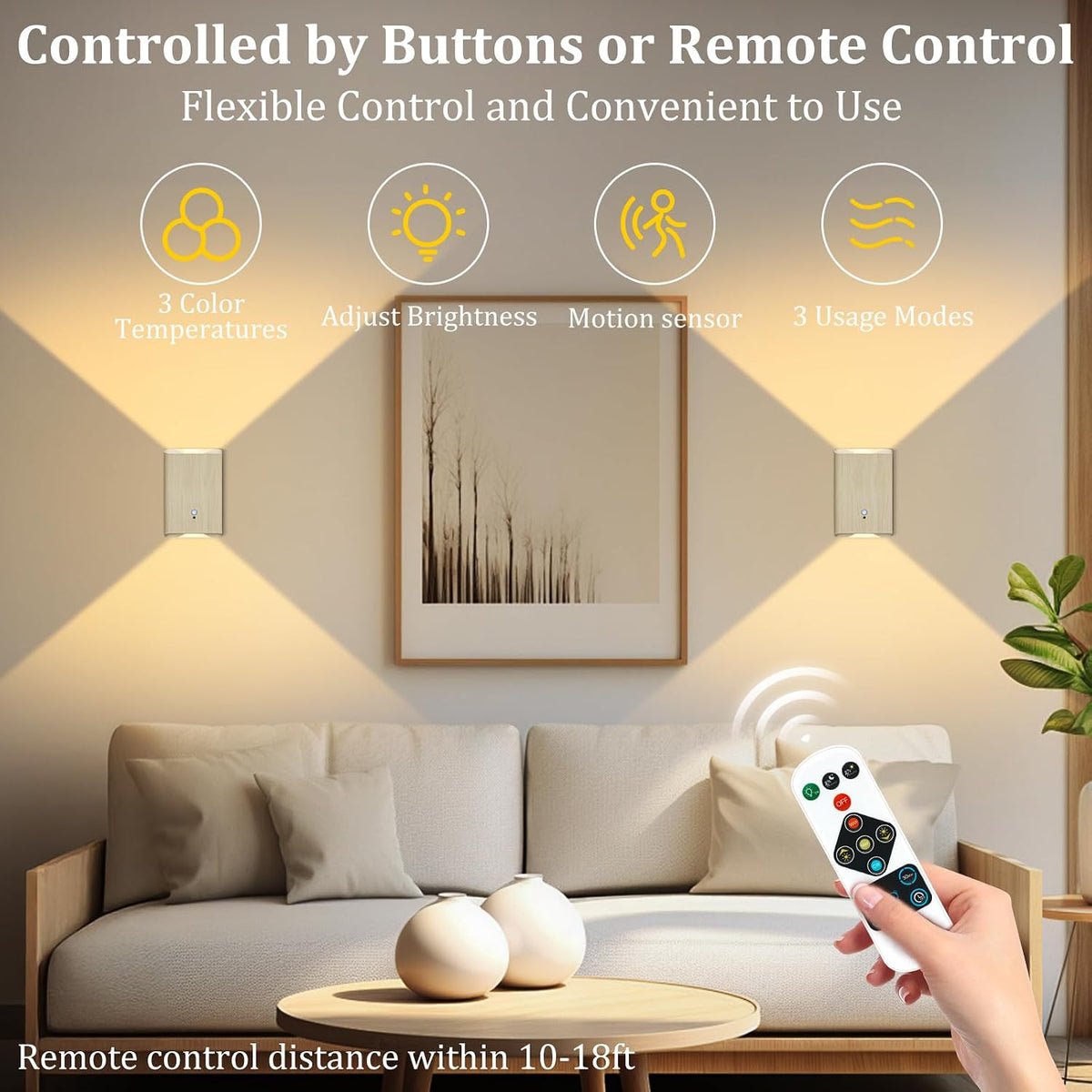 Eneru Motion Sensor Wall Sconce, Rechargeable Wireless Lights Indoor 2 Pack
