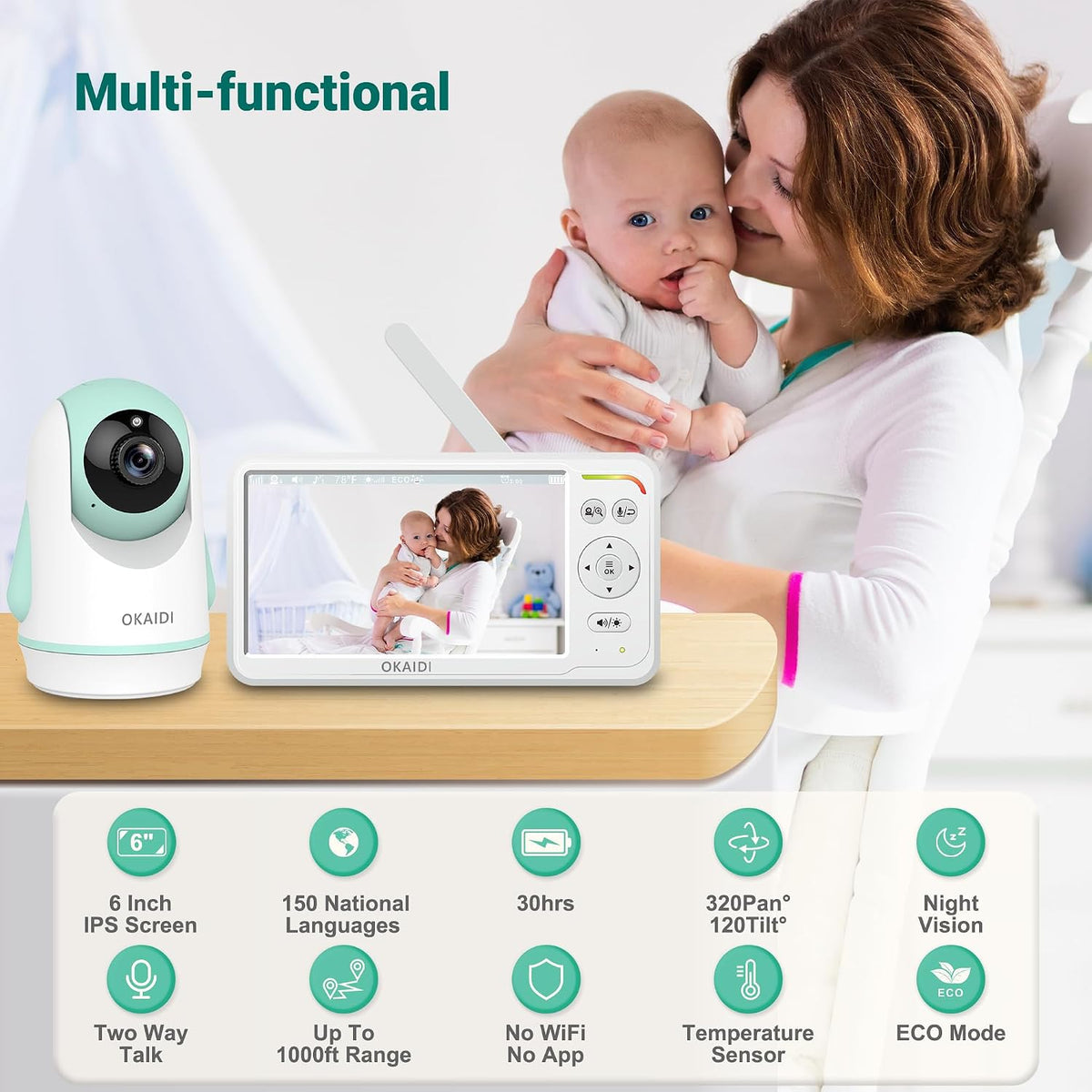 OKAIDI 6" IPS Screen Baby Monitor with Camera and Audio, Pan-Tilt-Zoom