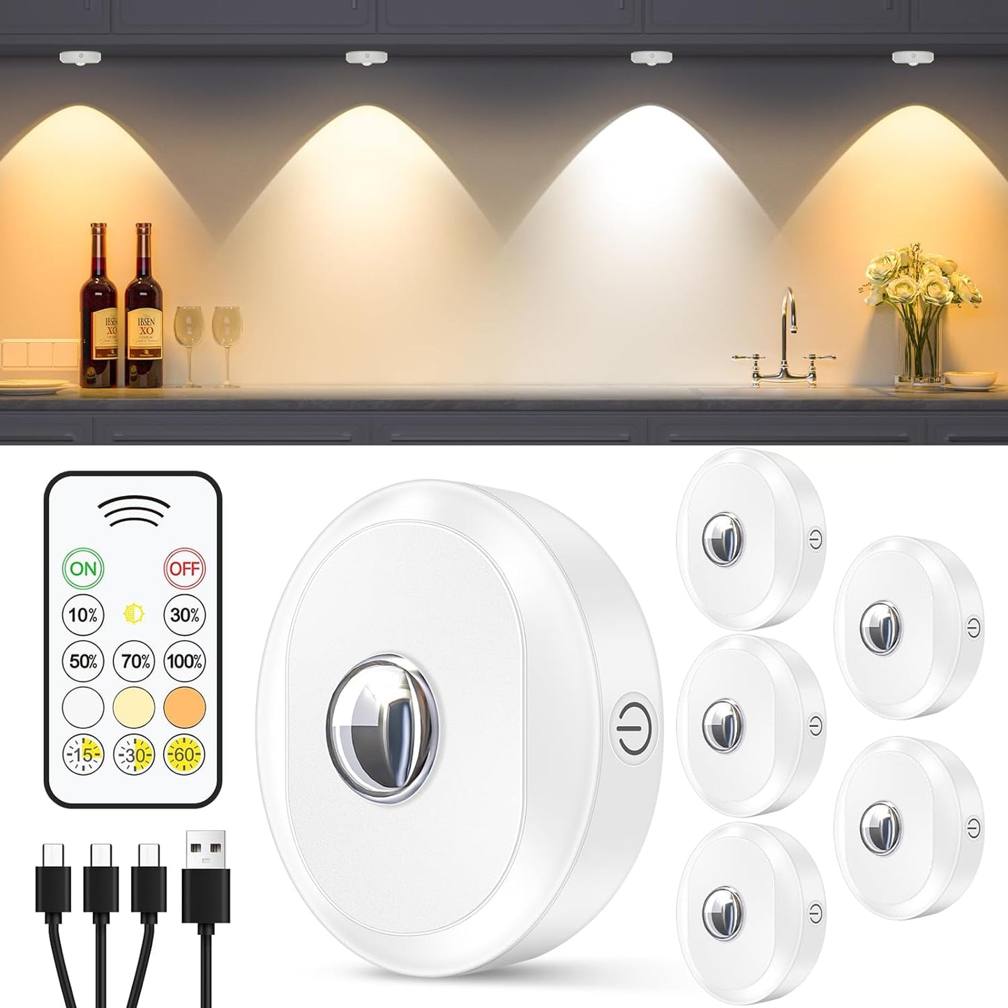 WILLED Rechargeable RGB Puck Lights with Remote Control, 1200mAh Battery Operated Tap Lights, Dimmable Touch Under Cabinet Lighting, Wireless Push Light, LED USB Shelf Light (6 Pack)