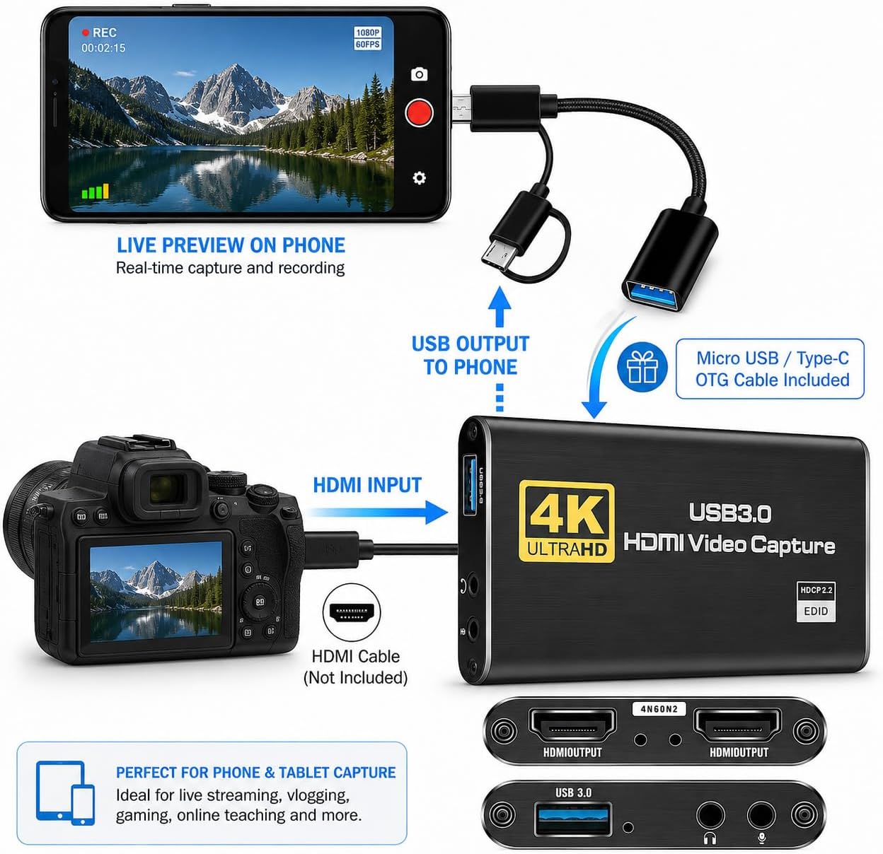 Capture Card for Streaming 4K HDMI Video Capture Card | Game Capture Card, 1080P 60FPS Video Capture Device, HDMI to USB 3.0 for Camera/Xbox/PS4/PS5/PC/OBS/PC/Mac Windows 10/11