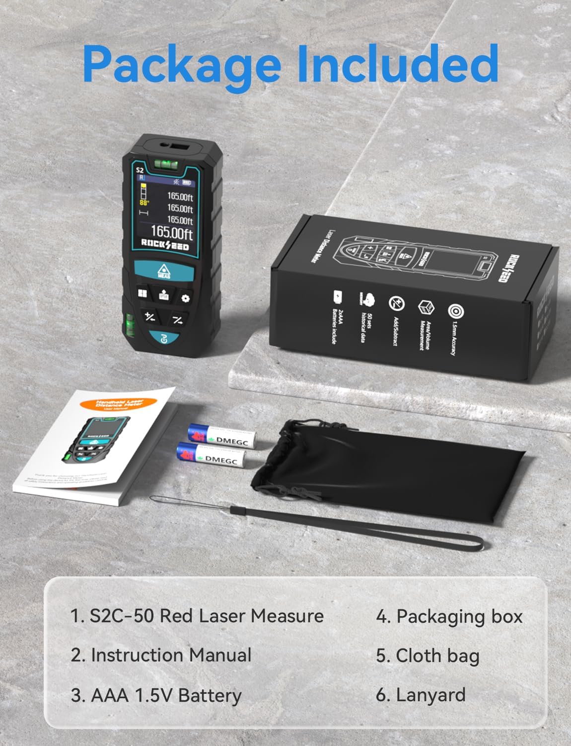 Laser Measuring Tool 165ft, RockSeed S2C Red Beam Laser Measure with Rotatable HD IPS Color Screen, 12 Measurement Modes, 3 Leveling Modes, 5 Units Switchable, for Stake Marking/Distance/Area/Volume