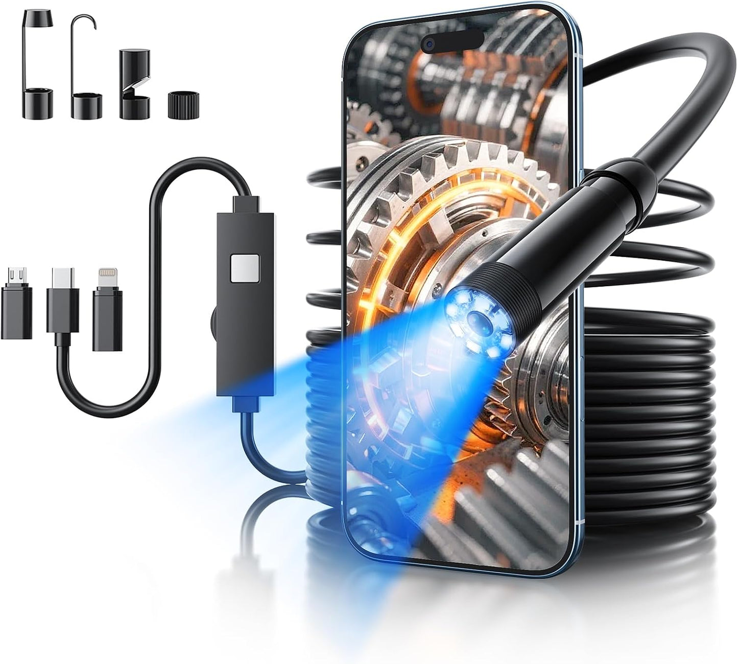 Endoscope Camera with Light, 1920P HD Bore Scope Borescope with 8 Lights, Waterproof 16.4FT Semi-Rigid Cord for Pipe Inspection, Industrial Endoscope for Phones(Dual Lens)