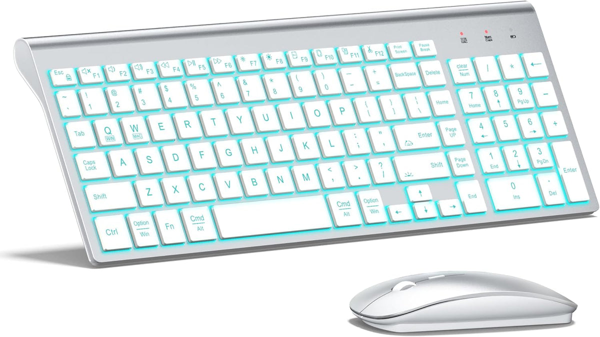 Wireless Keyboard and Mouse Ultra Slim Combo, TopMate - Silver White