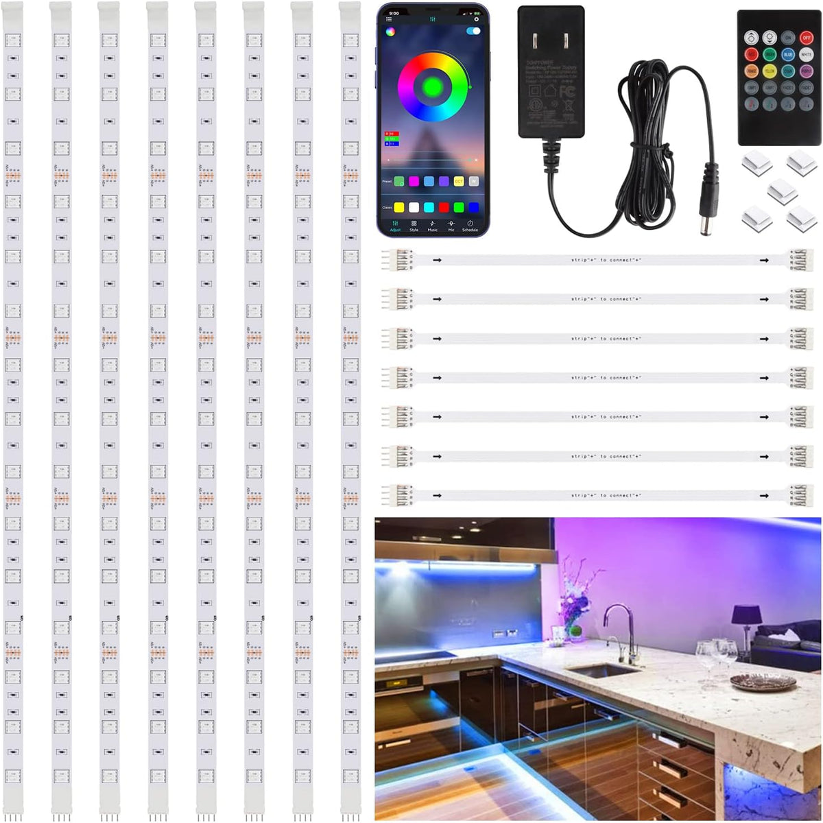 6 PCS RGB Under Cabinet Lighting Kit, App and Remote Control Led Strip Lights, Music Sync Color Changing Led Lights with ETL Listed Power Adapter, for Cabinet, Counter, Shelf, Bookcase, 9.8ft