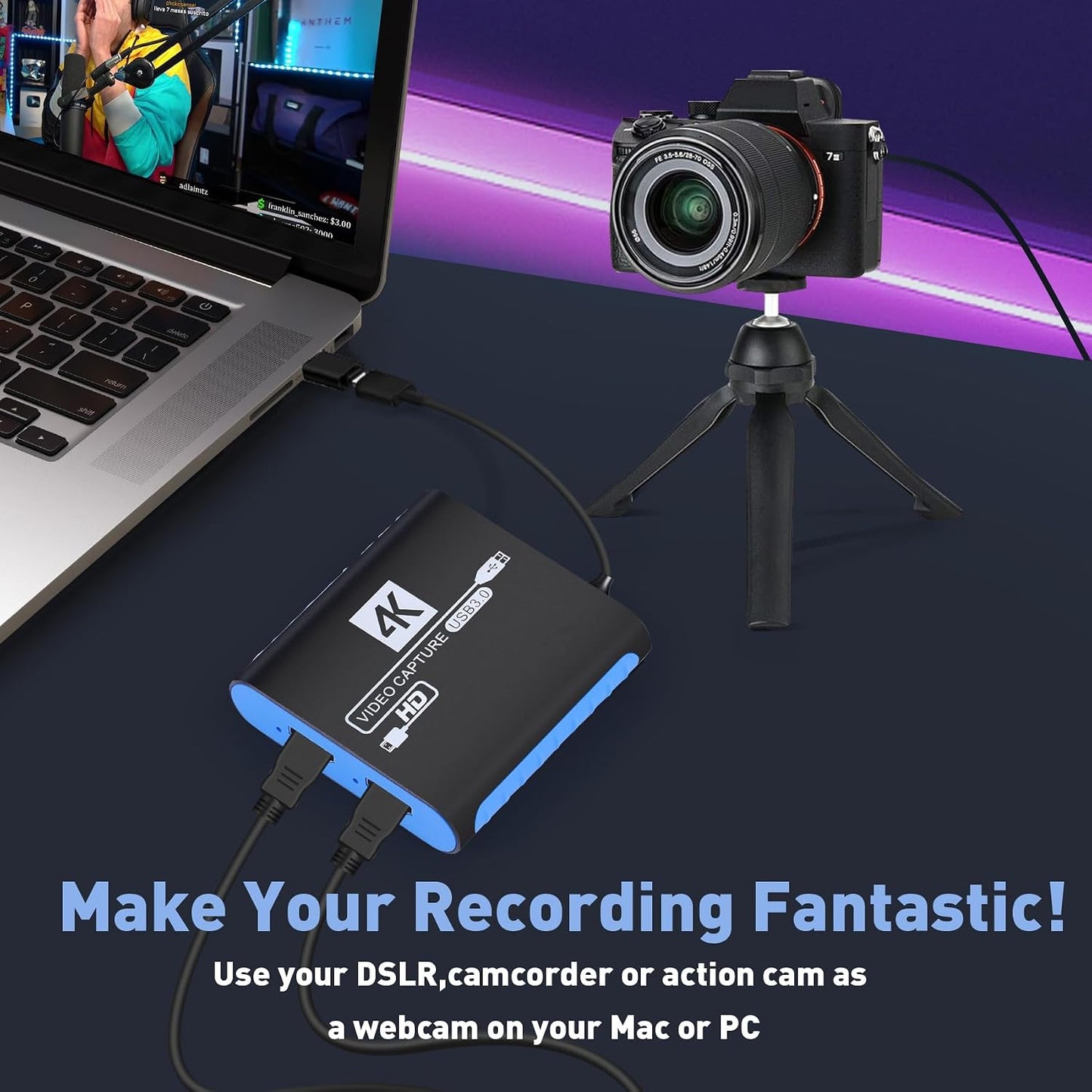 USB Capture Card for Streaming, YUY2 1080P 60FPS for Switch/PS5/Xbox/DSLR | 4K HDMI Pass-Through, 3.5mm Mic-in, Plug & Play No Drivers, for OBS Twitch YouTube, Windows/Mac Compatible