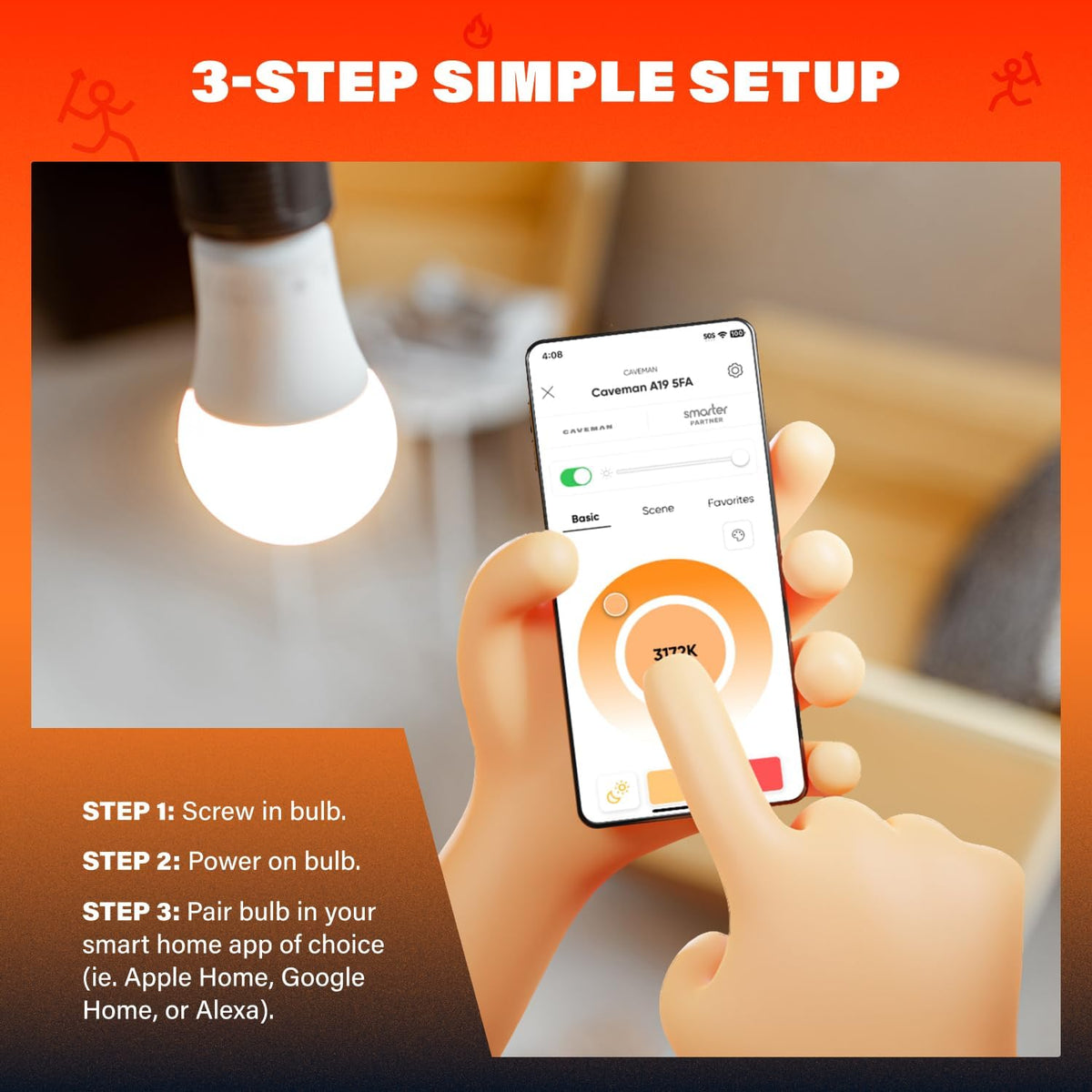 Caveman Matter & WiFi A19 Smart LED Light Bulb, 60W 800lm 4PK