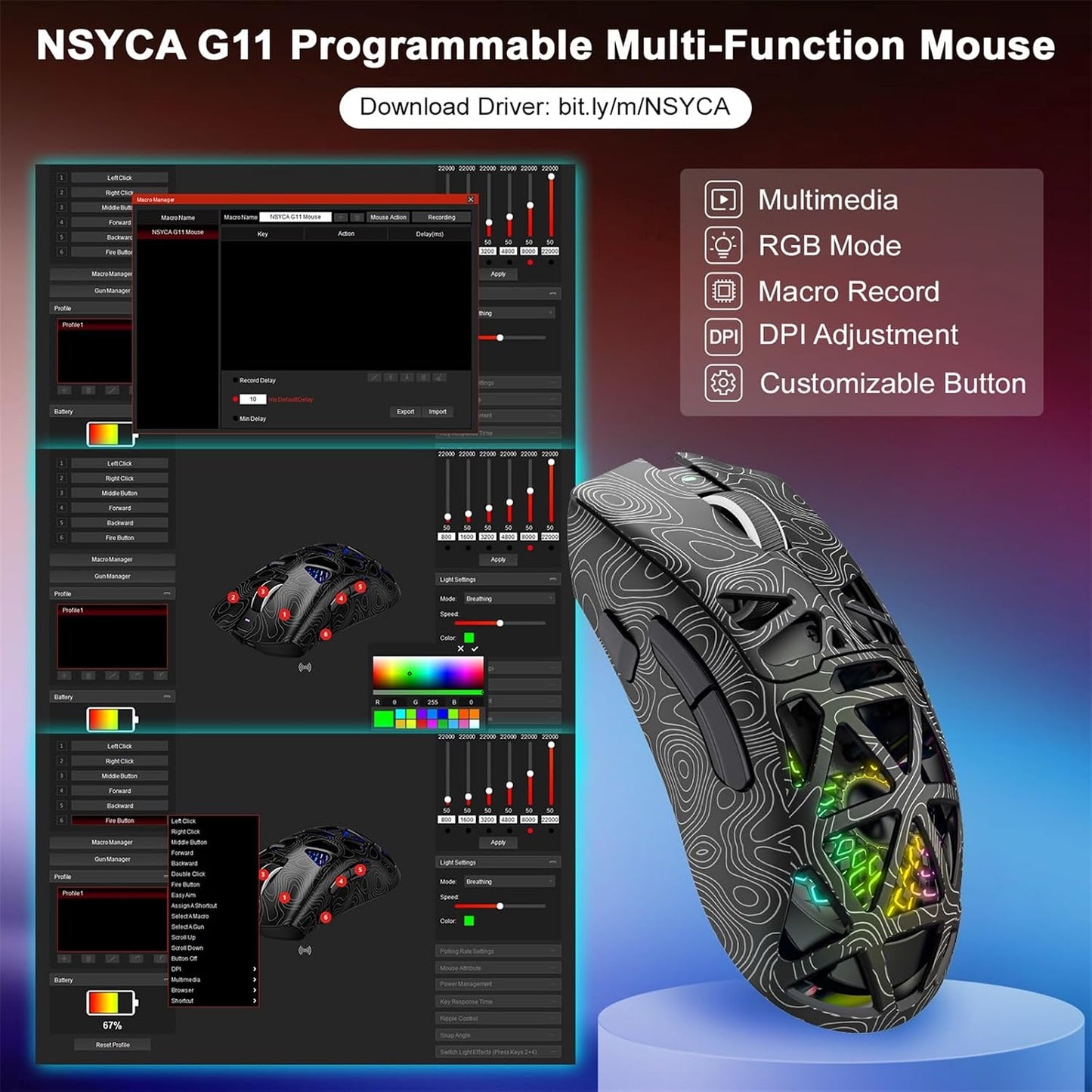 G11 Lightweight Wireless Gaming Mouse for FPS & Competitive Gaming, Tri-Mode Bluetooth 5.1/2.4GHz/USB-C, 22000 DPI RGB Mouse with Programmable Buttons for PC, Laptop & Mac
