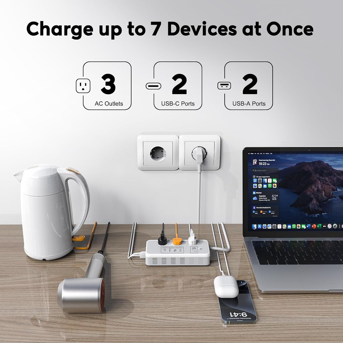 Mapambo 2000W 220V to 110V Converter for Hair Dryer, Voltage Converter US to Europe, Converter for European Travel with Type G C I L, Universal Travel Adapter with 2 USB-C 2 USB-A (Gray)