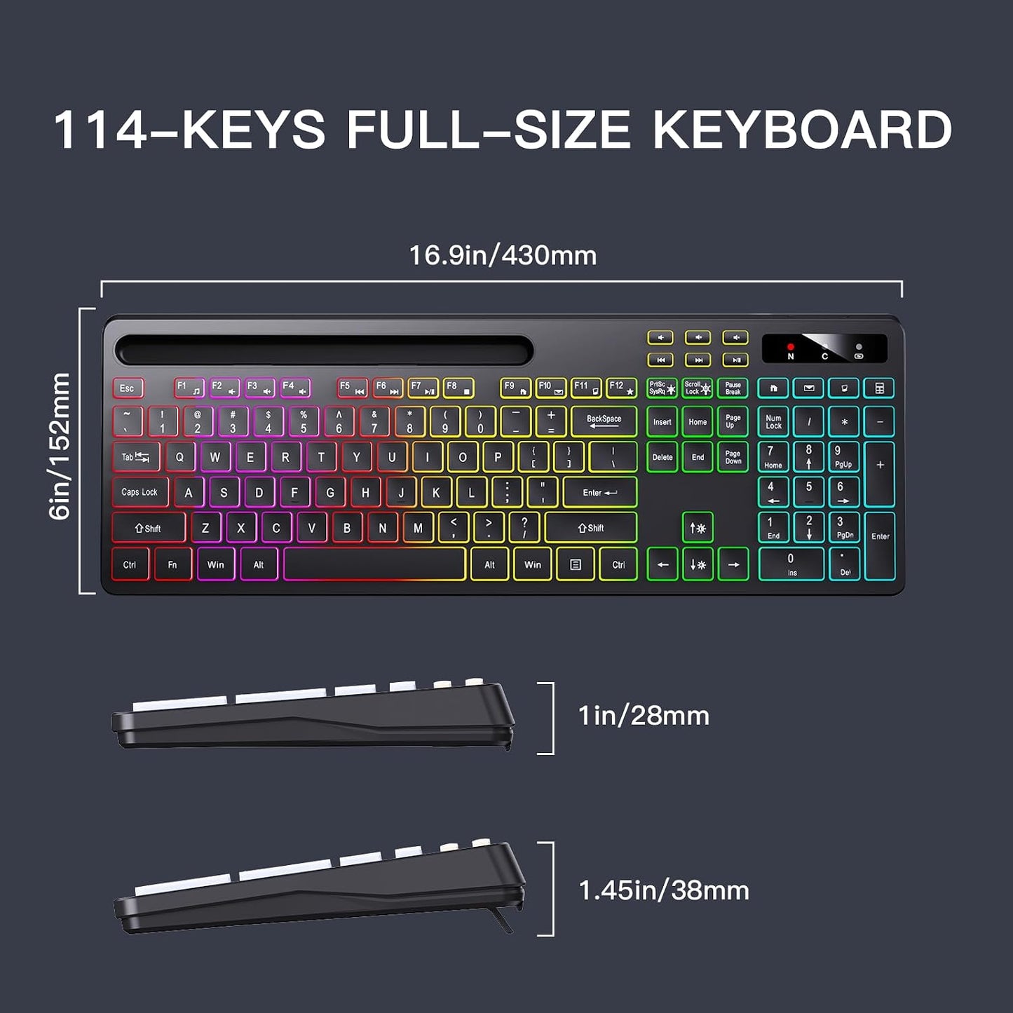 Soueto Wireless Keyboard with 7-Color RGB Backlit, Full-Size Computer Keyboard with Phone Tablet Holder, 2.4G Rechargeable Gaming Keyboard with Light Up Keys, Compatible with Mac, Windows (Black)