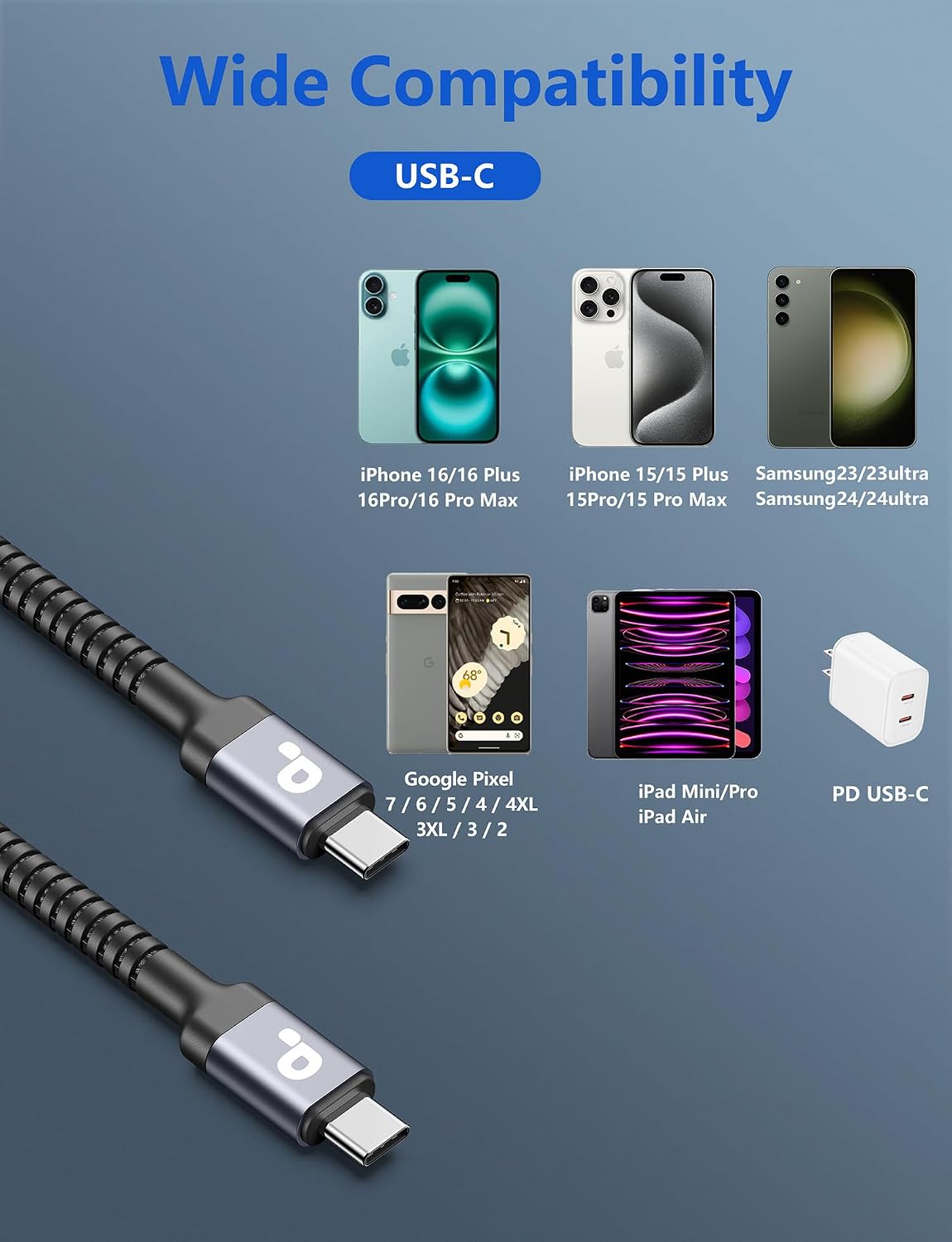 USB C to C Cable 1FT, 2Pack USB C Cable, Long Type C Fast Charging Cable