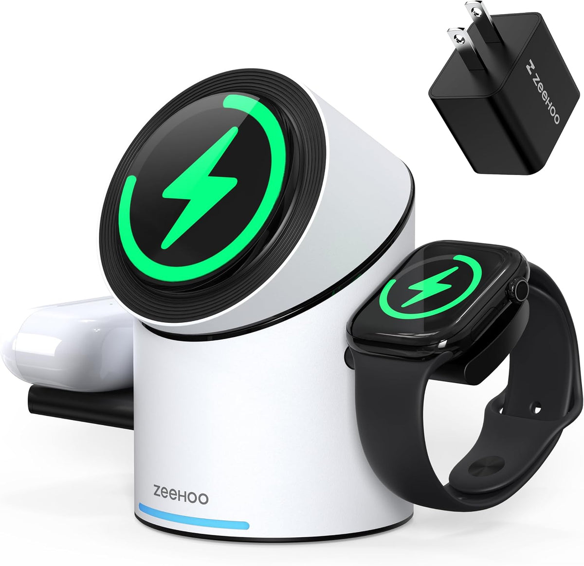 ZEEHOO 3 in 1 Charging Station for Apple Devices, Mag-Safe Charger Stand, 15W Auto-Rotating Wireless Charger for iPhone 17 16/15/14/13/12 Series& AirPods& iWatch(Black)
