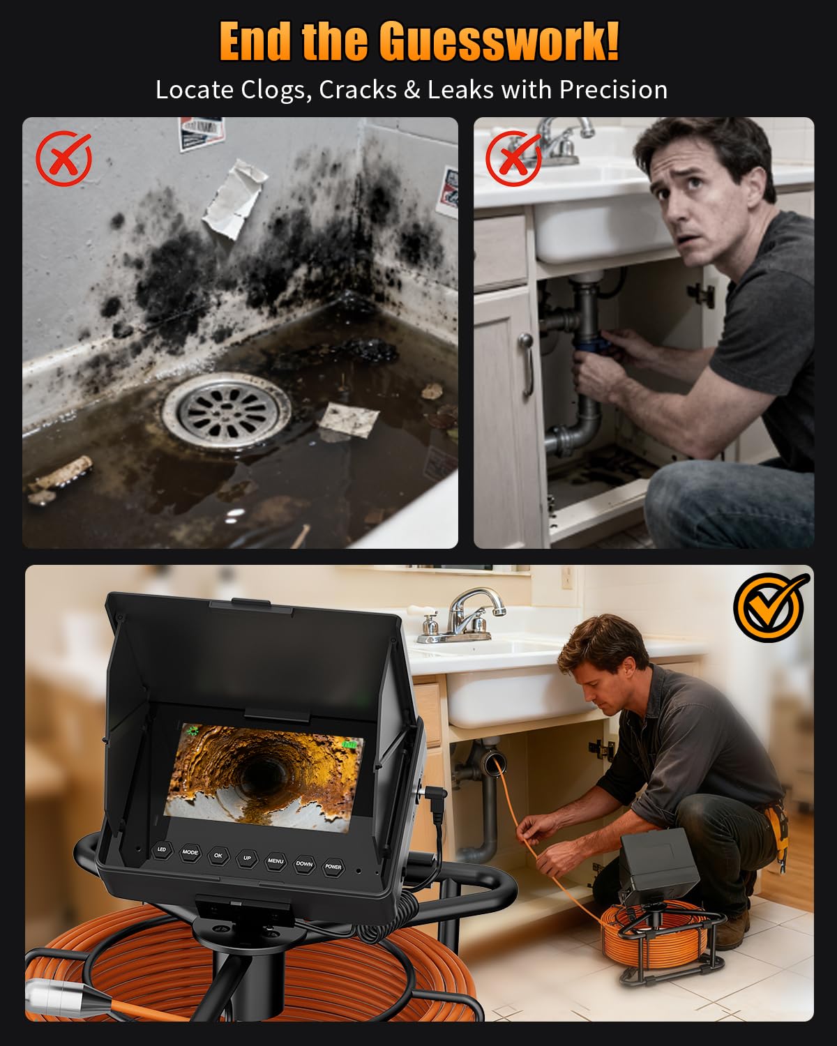 Sewer Camera 100ft, Drain Camera 4.3" with 23mm 1080P Probe, 8500mAh, 32GB Audio & Video Record, IP68 Waterproof for Plumbers, Drain Pipe & Industrial Inspection, Endoscope Camera with Light(12 LEDs)