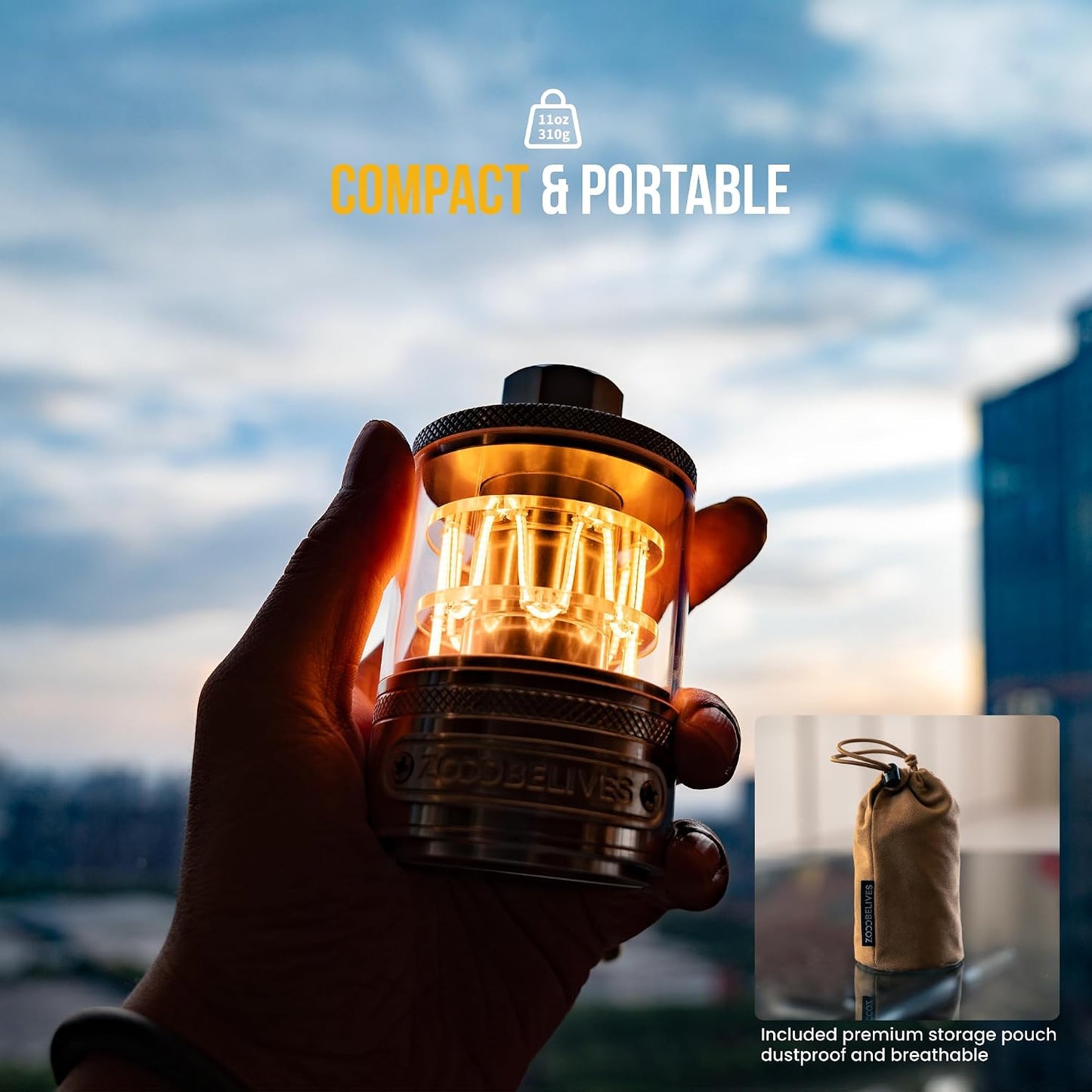 ZOOOBELIVES Vintage Aluminum Camping Lantern Light - Dimmable Warm Glow Lamp, Handcrafted Alloy, USB-C 72H Runtime, IPX4 Waterproof for Hiking, Backpacking & Glamping | LumiSummit