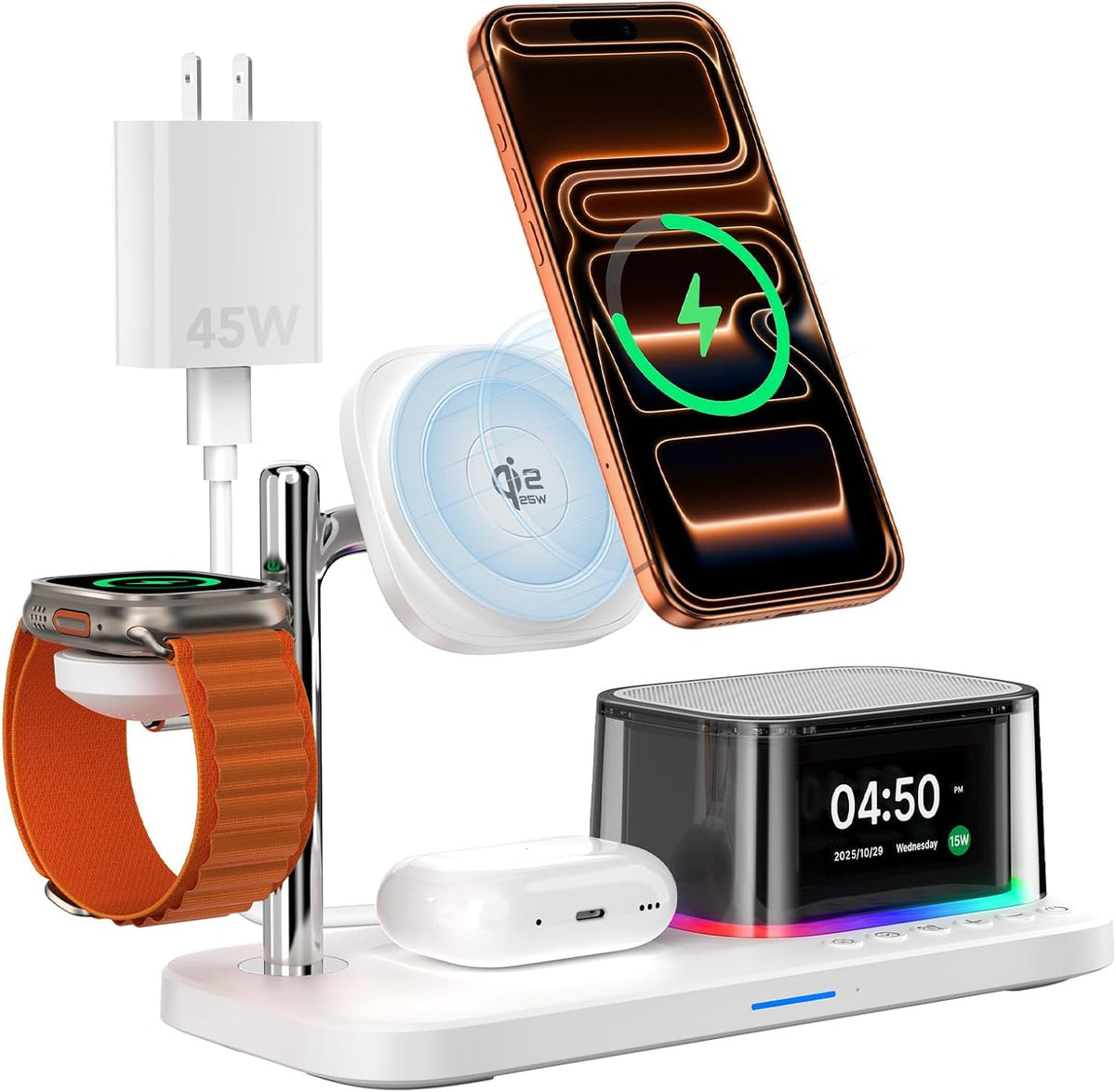 7 in 1 Alarm Clock with Wireless Charging,Charging Station with Night Light