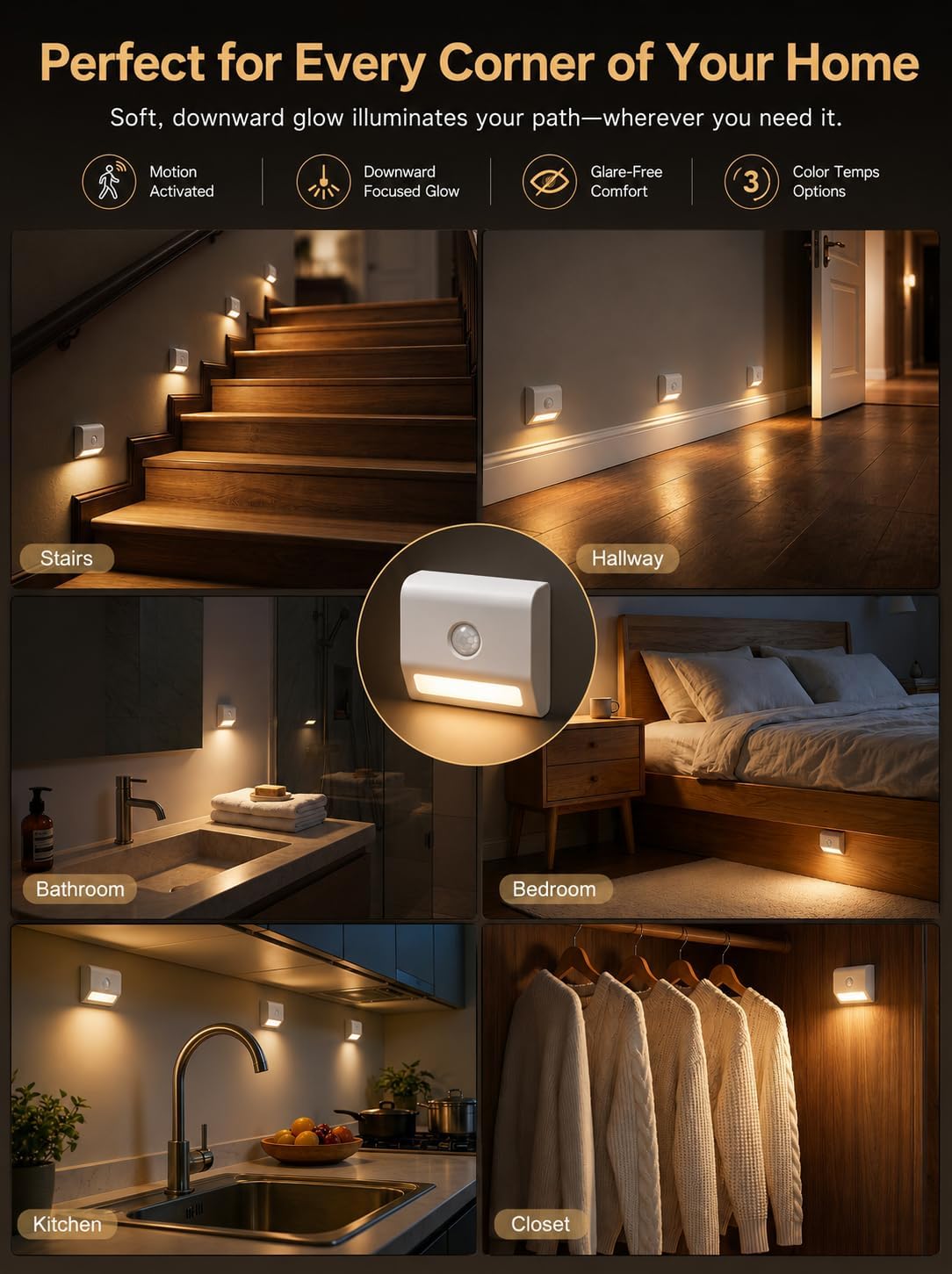 Sujeet Motion Sensor Stair Lights Indoor, 6 Pack Rechargeable Stairway Lights with Glare-Free Downward Glow, 2-Month Battery Life, 3 Color Temperatures, Adjustable 15s/30s Timer, Magnetic Step Lights