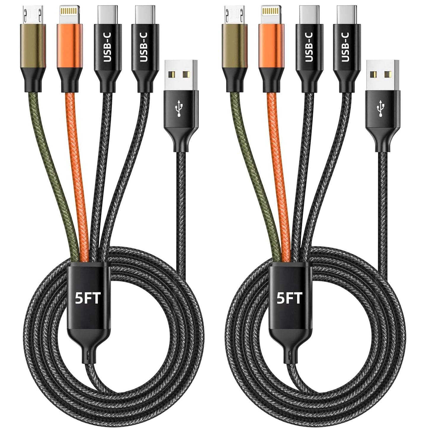 Dual TypeC 4 in 1 Multi Charging Cable, Charging Cords for Multiple Devices | 2Pack 5FT USB Cable, Universal Phone Charger Cord for iPhone17-8/Androids/iPad and More, Travel Essentials Car Accessories