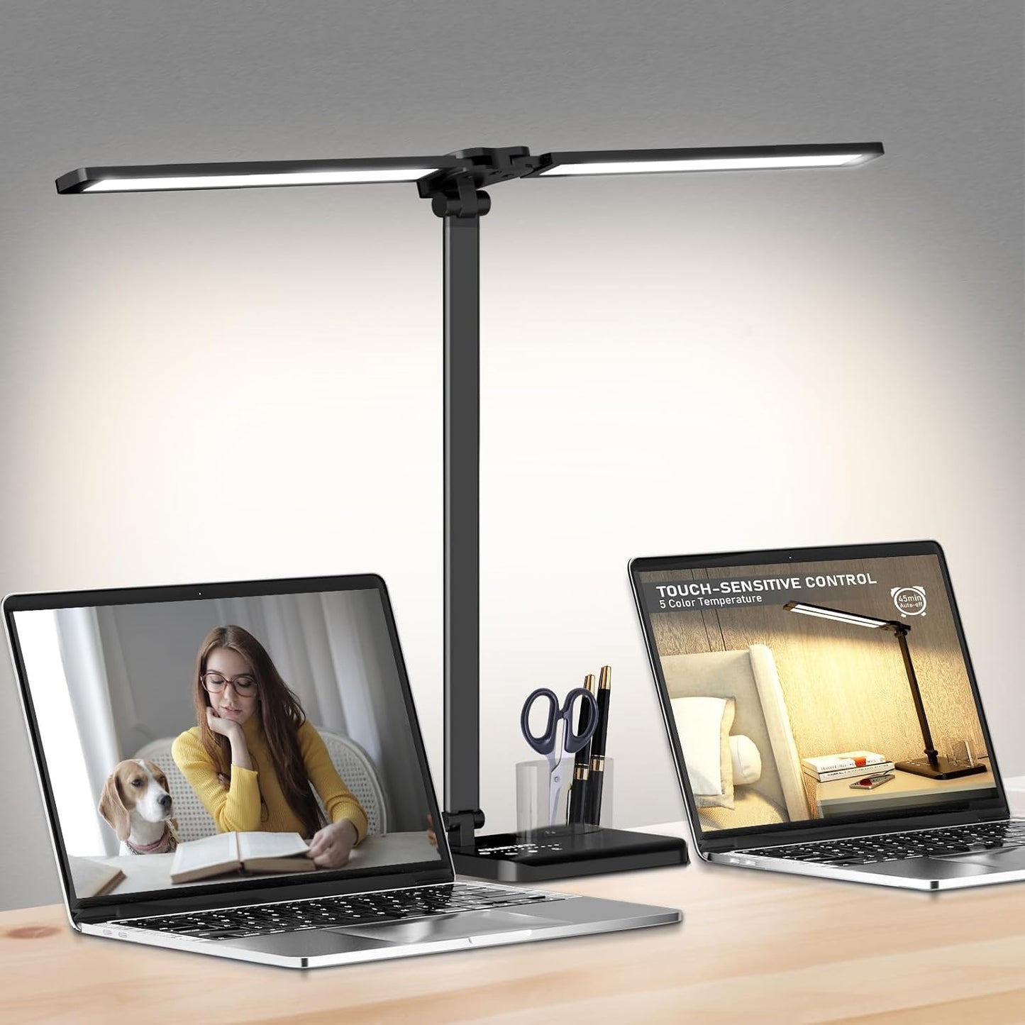Retractable Dimmable LED Desk Lamp with USB Charging Port Desk Light | Height Adjustable 50 Lighting Modes Dual Swing Arm Architect Adjustable Table Lamp Light for Home Office Dorm Nail, Black
