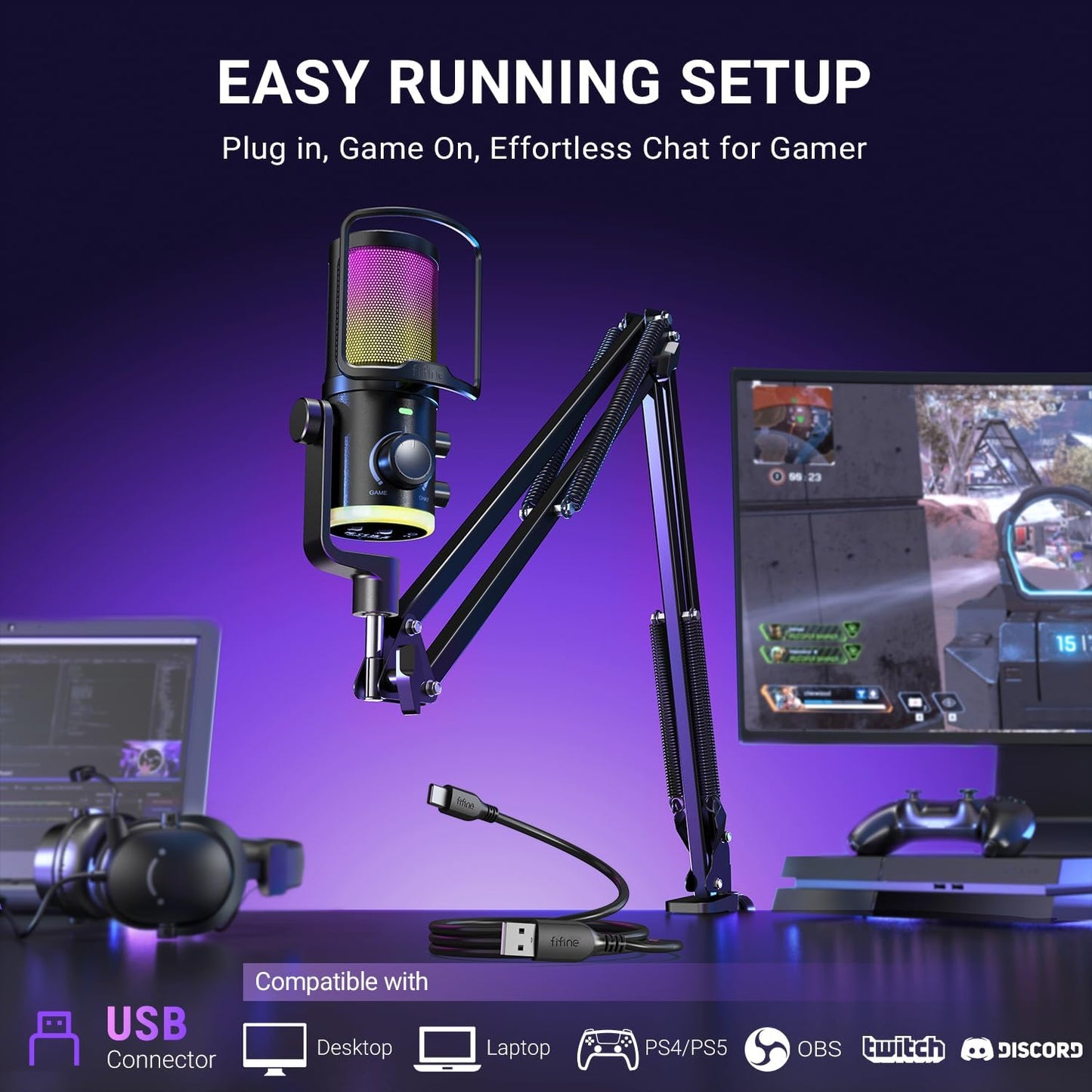 FIFINE AmpliGame AM6T Gaming USB Microphone Kit, Condenser Mic for PC/PS5 | Noise Cancellation, ChatMix Dial, Quick Mute, RGB Control, Gain Knob, Boom Arm, Monitoring, for Streaming Twitch Podcast