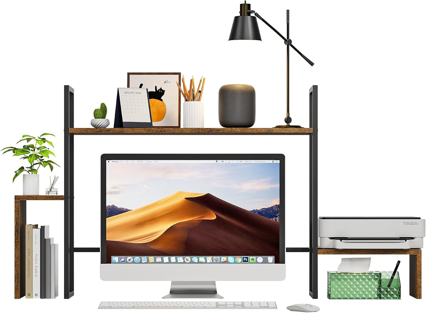 WelFurGeer LED Desk Shelf Organizer with RGB Light Strip, 2-Tier Desktop Shelf for Computer Monitor, Sturdy Metal Frame & Wood Shelves - Desk Hutch Bookshelf for Home Office, Dorm, Gaming (Black)