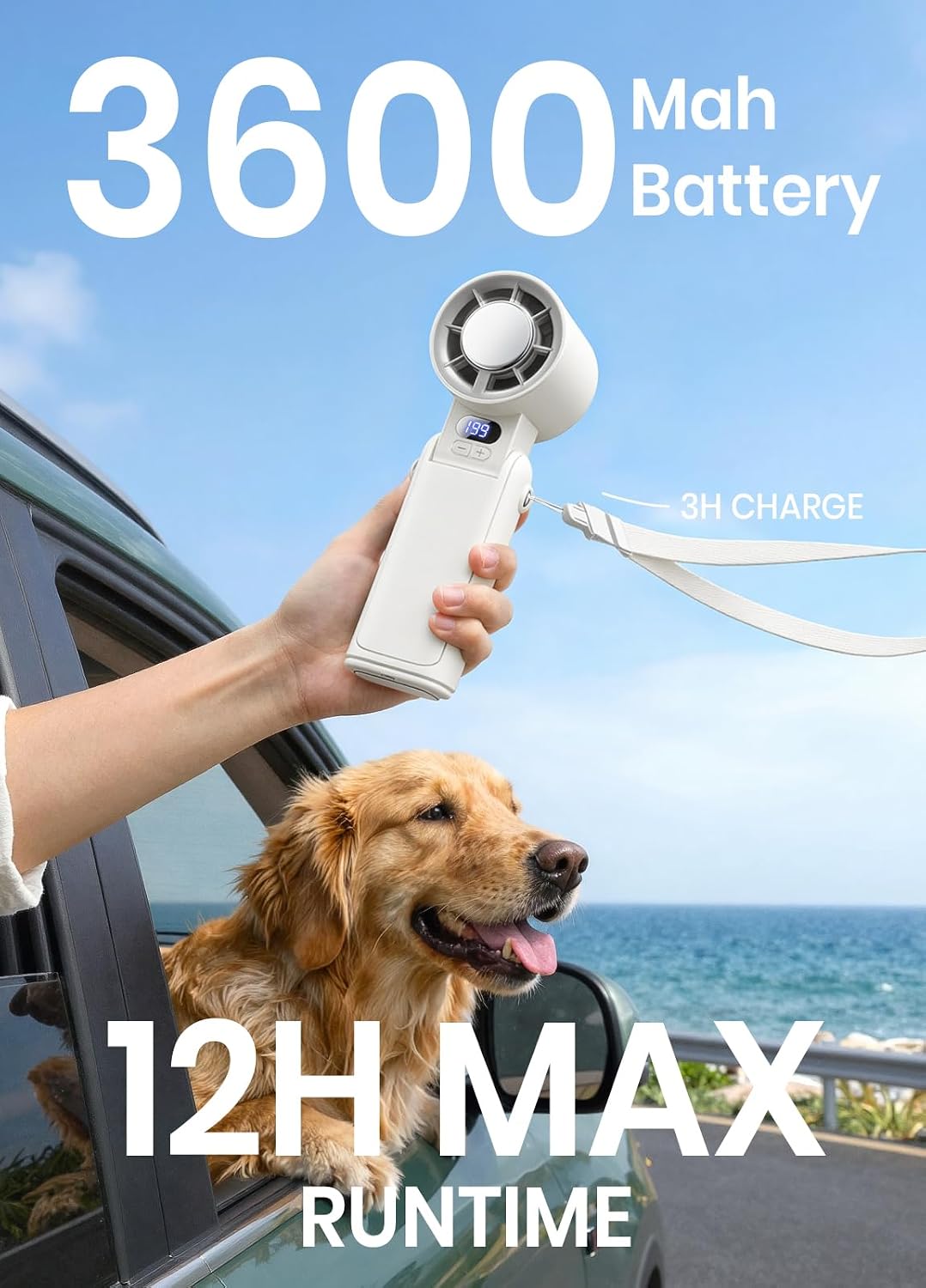 Portable Handheld Turbo Fan, 1-199 Speed Adjustable, White | 4 IN 1 Pocket Design with LED Display, High-Power Motor, Rechargeable Battery, Mini Fans for Indoor/Outdoor/Travel/Work