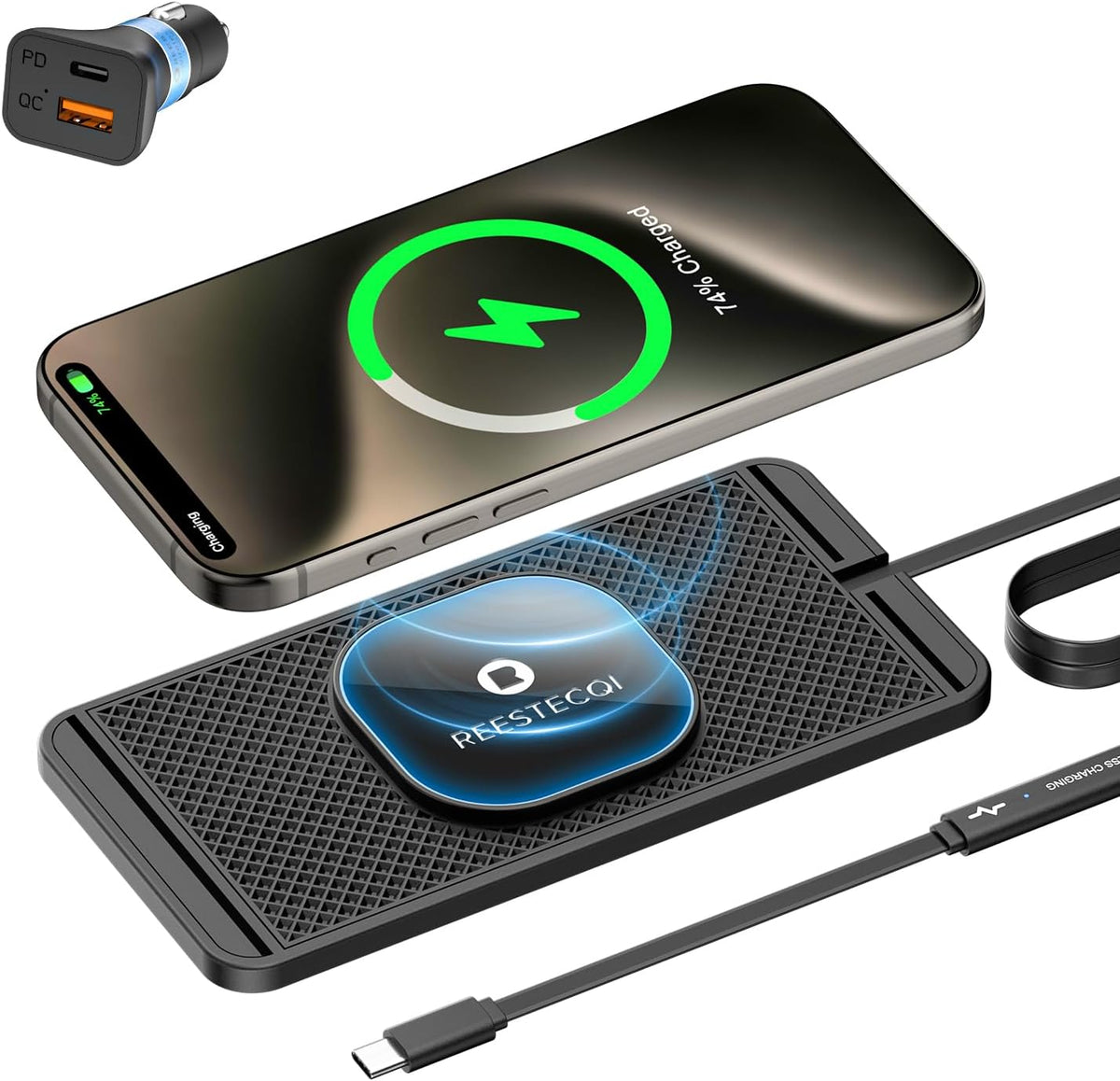 Magnetic Wireless Car Charger Pad, REESTECQI 15W Wireless Charging Pad for Magsafe Charger Non Slip Type C with 40W Car Charger for iPhone 17/16/15/14/13/12, Airpods (30CM Cable)