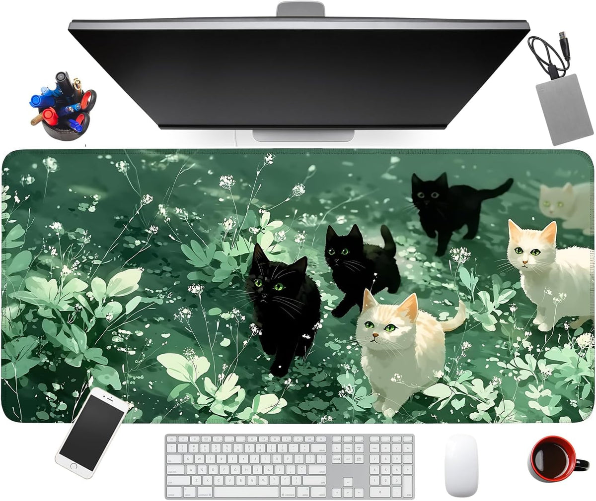 Large Mouse Pad, Cute Cat Gaming Mouse Pad Desk Mat, Non-Slip Base Extended Keyboard Mat, Thick 3mm Smooth Surface Mousepad for Office & Home, 35.5 x 15.8 Inch