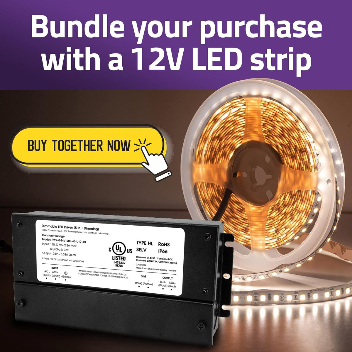 HitLights 200W Dimmable LED Driver, 120VAC to 12VDC Transformer, UL Listed